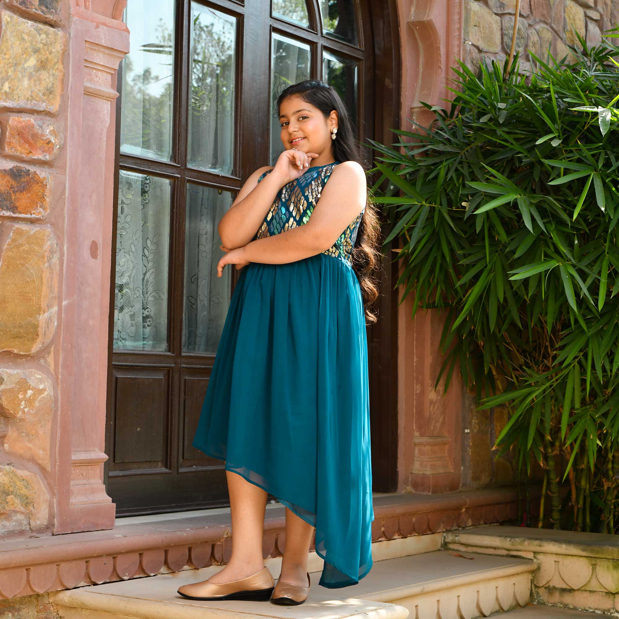 Aqua Metallic Sequin Embroidered Asymmetrical Dress