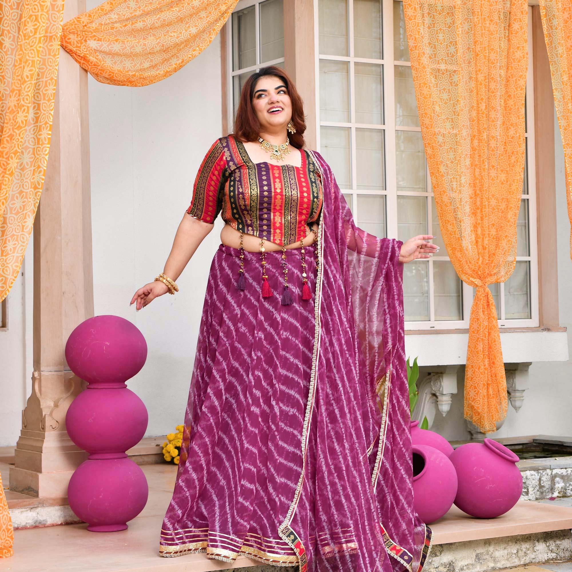 Basanti- Wine Banarasi Brocade Leheriya Chiffon Lehenga Set