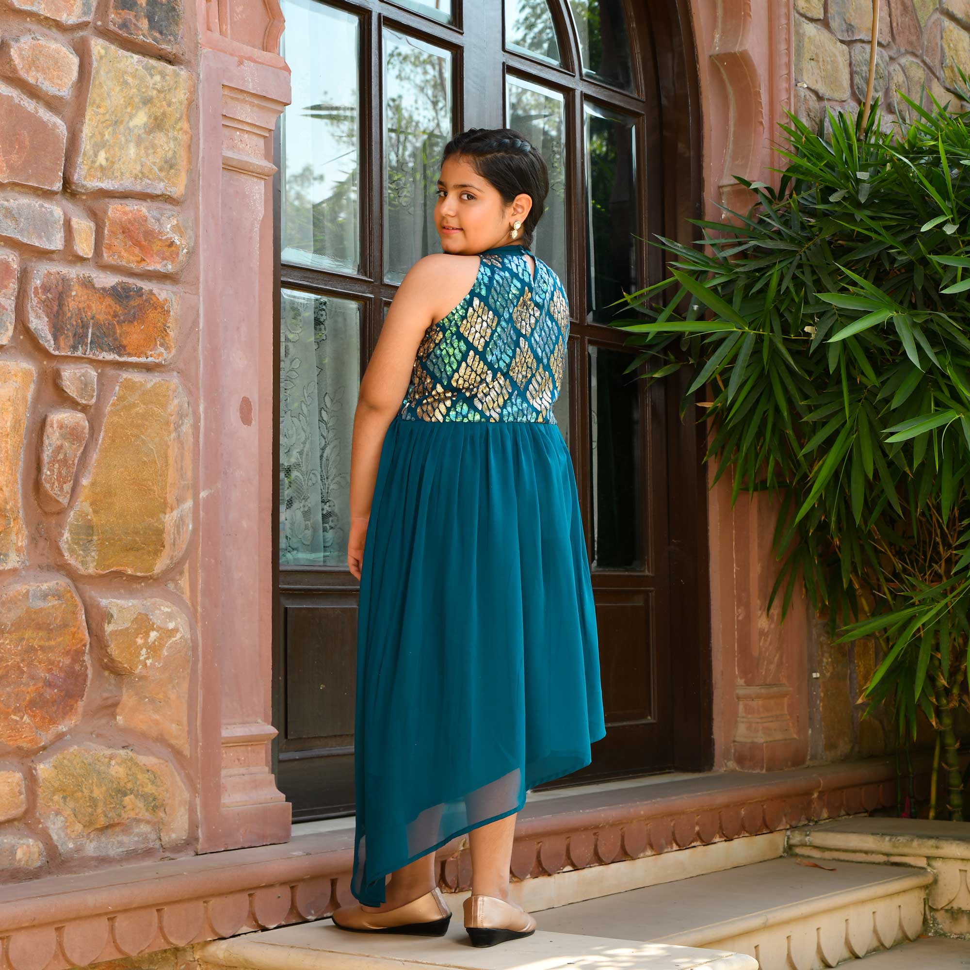 Aqua Metallic Sequin Embroidered Asymmetrical Dress