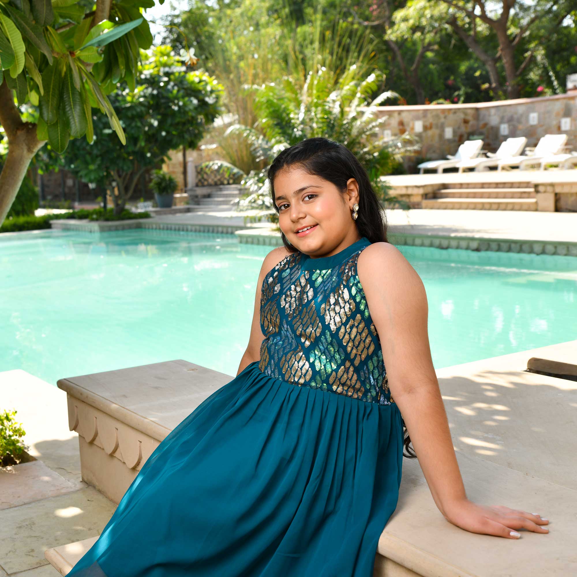 Aqua Metallic Sequin Embroidered Asymmetrical Dress