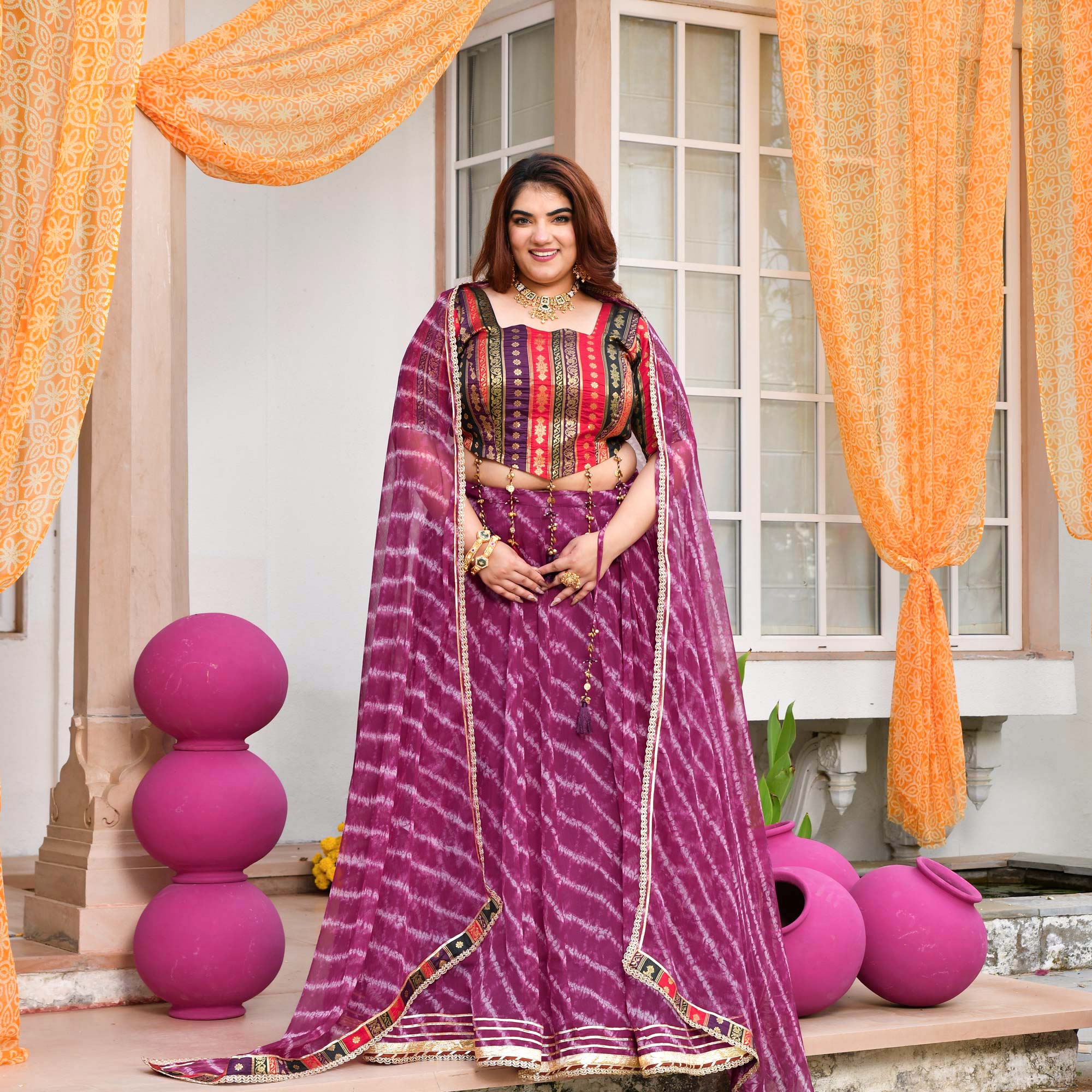 Basanti- Wine Banarasi Brocade Leheriya Chiffon Lehenga Set