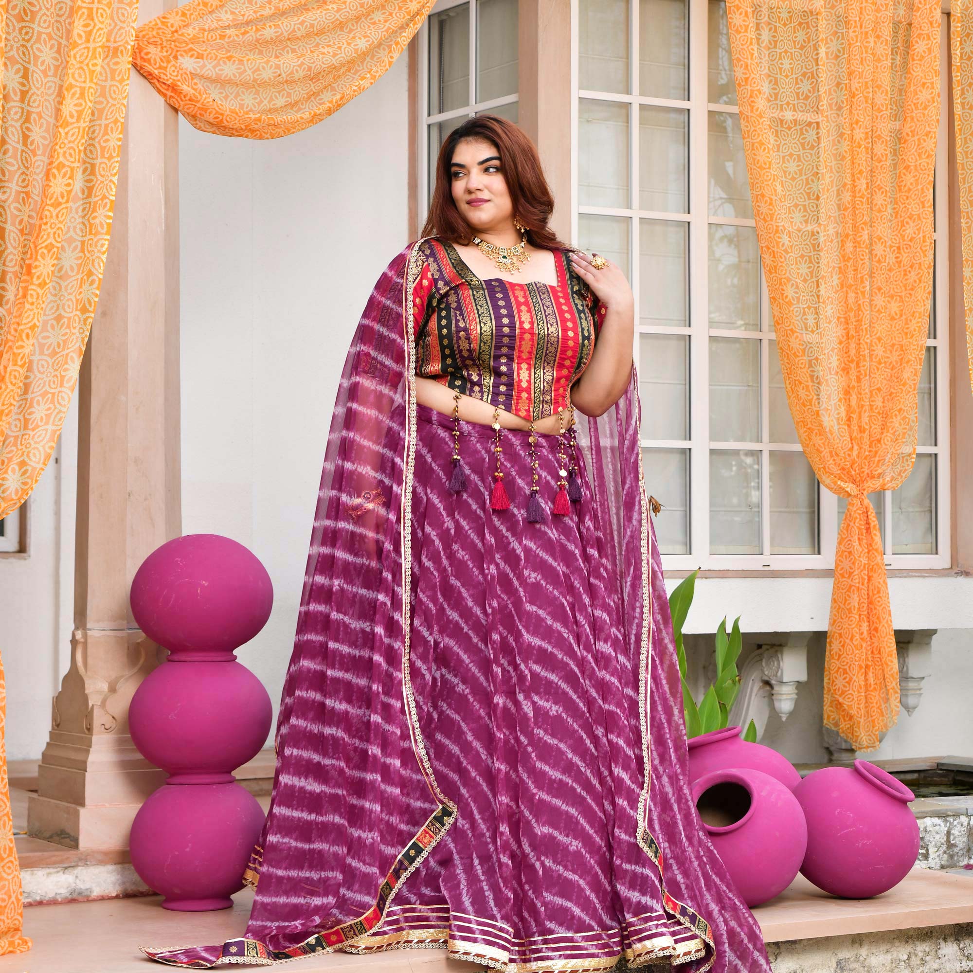Basanti- Wine Banarasi Brocade Leheriya Chiffon Lehenga Set