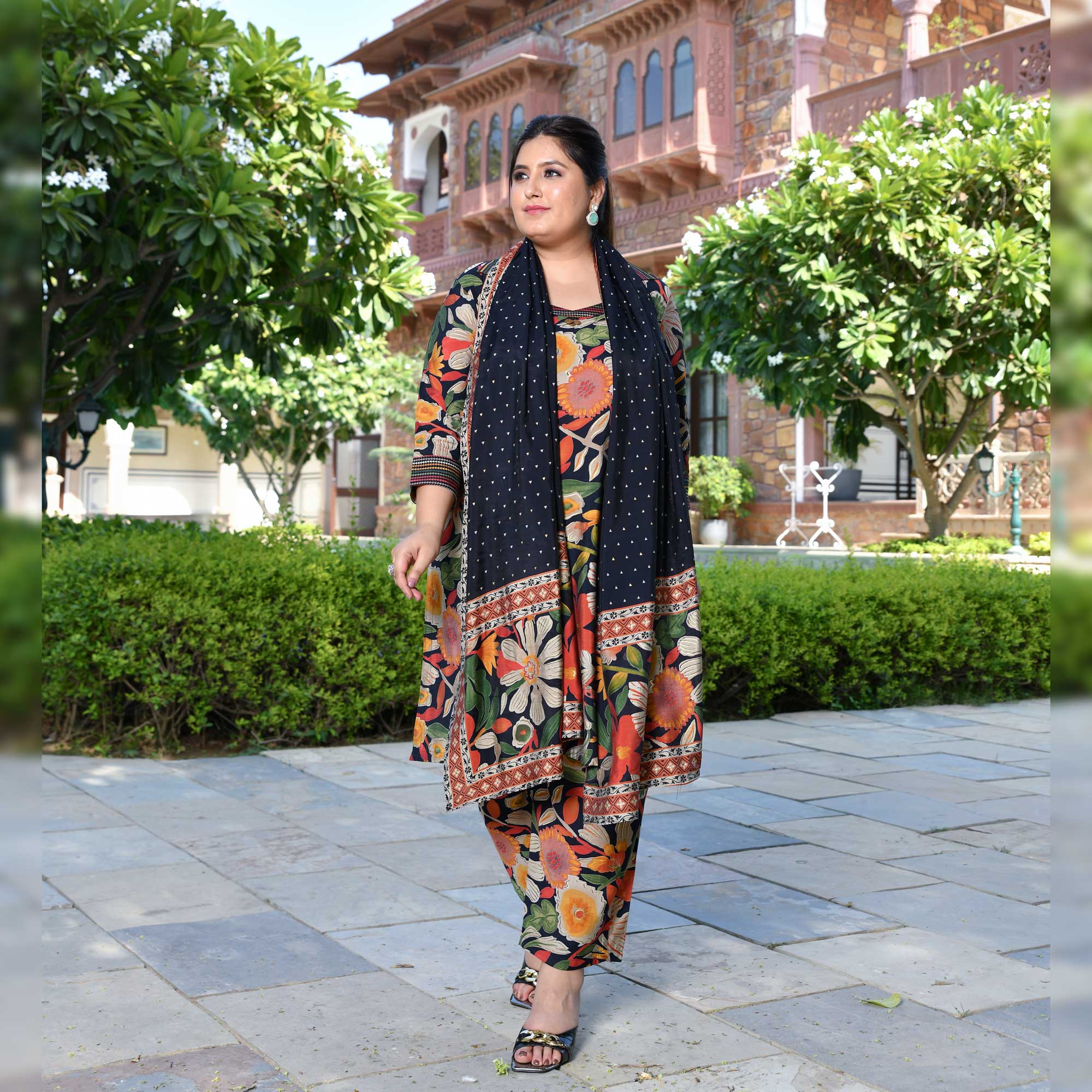 Bloom In Black Floral Modal Co-ord Set With Dupatta