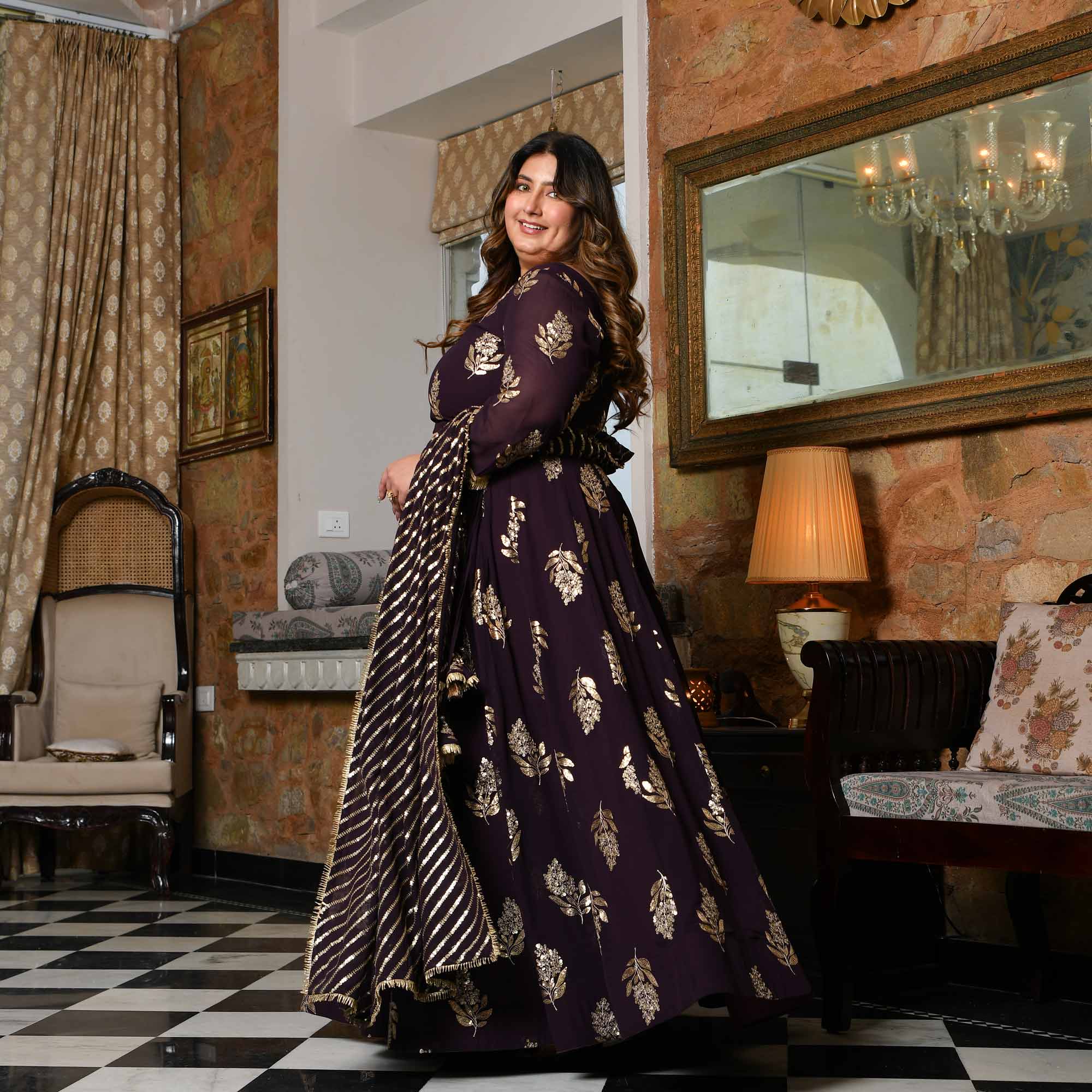 Coca Cola- Vintage Plum Sequin Embroidered Georgette Lehenga Set
