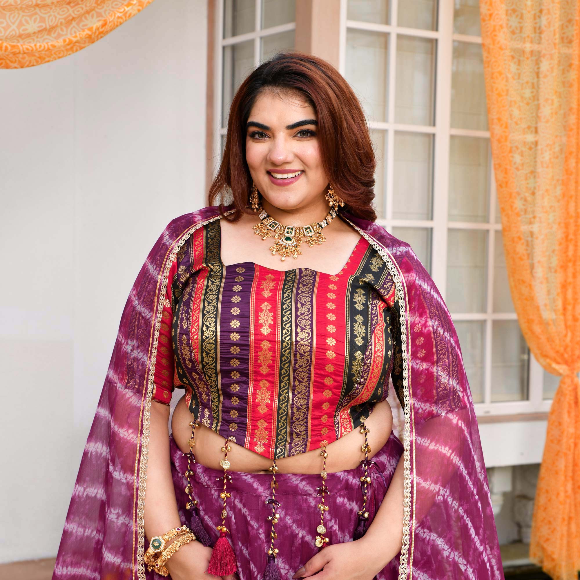 Basanti- Wine Banarasi Brocade Leheriya Chiffon Lehenga Set