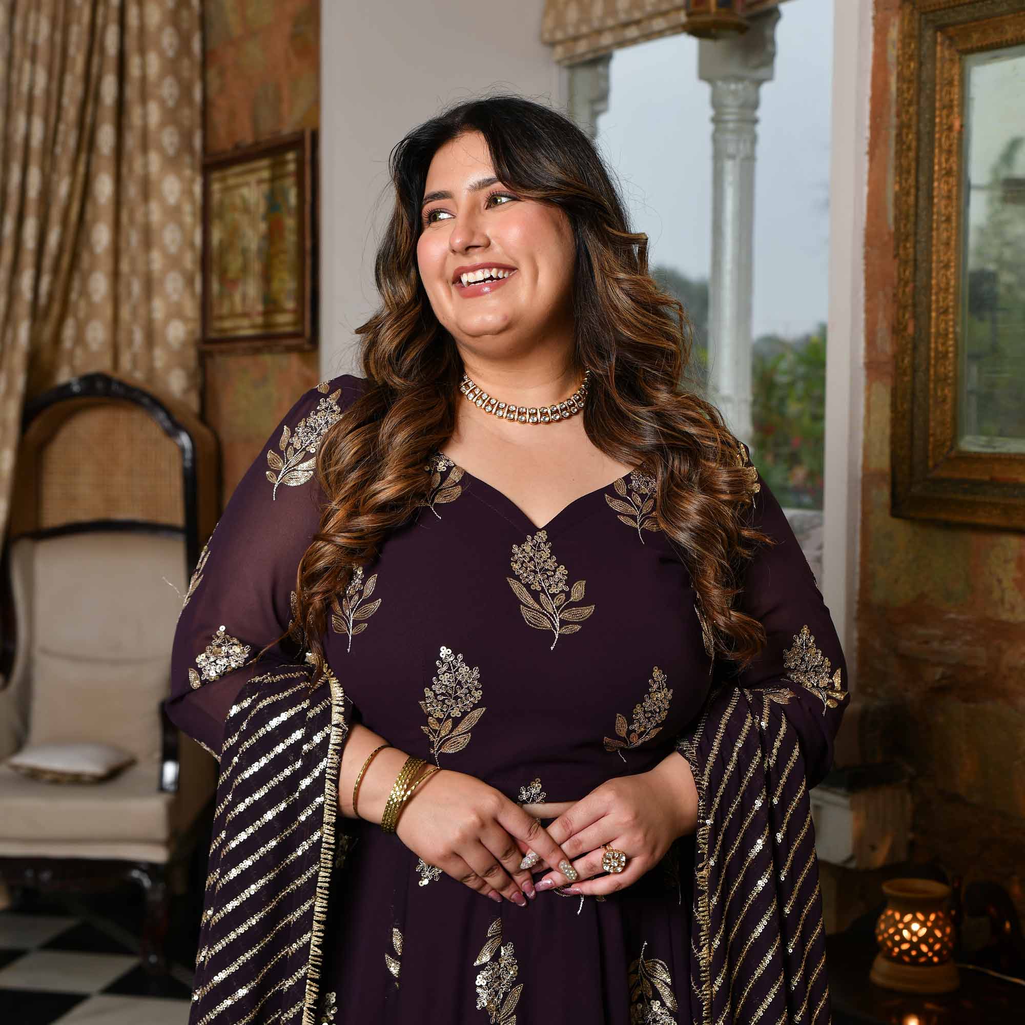 Coca Cola- Vintage Plum Sequin Embroidered Georgette Lehenga Set