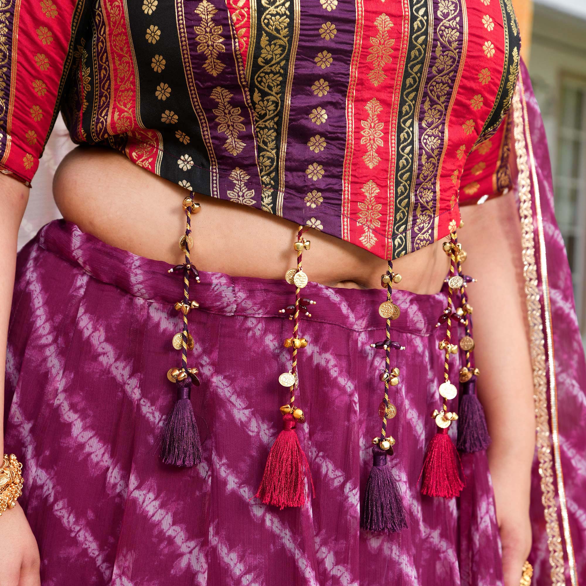 Basanti- Wine Banarasi Brocade Leheriya Chiffon Lehenga Set