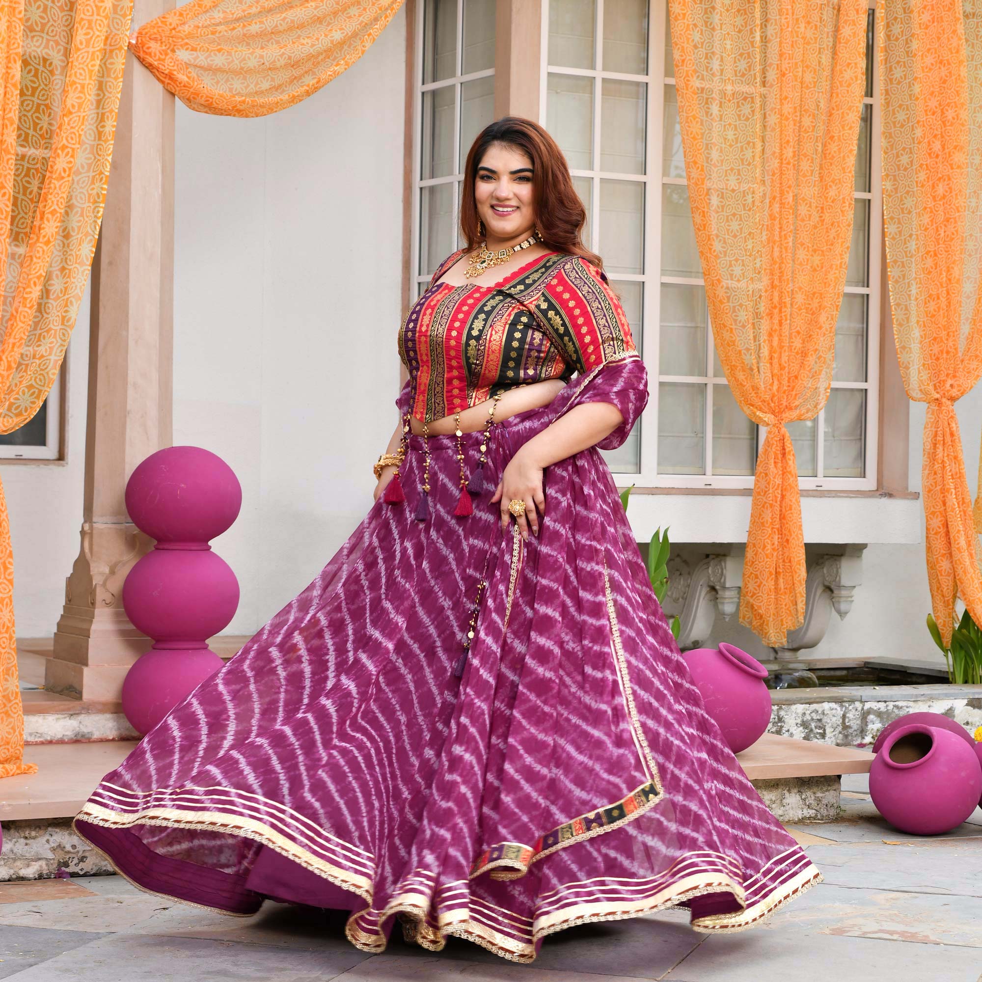 Basanti- Wine Banarasi Brocade Leheriya Chiffon Lehenga Set