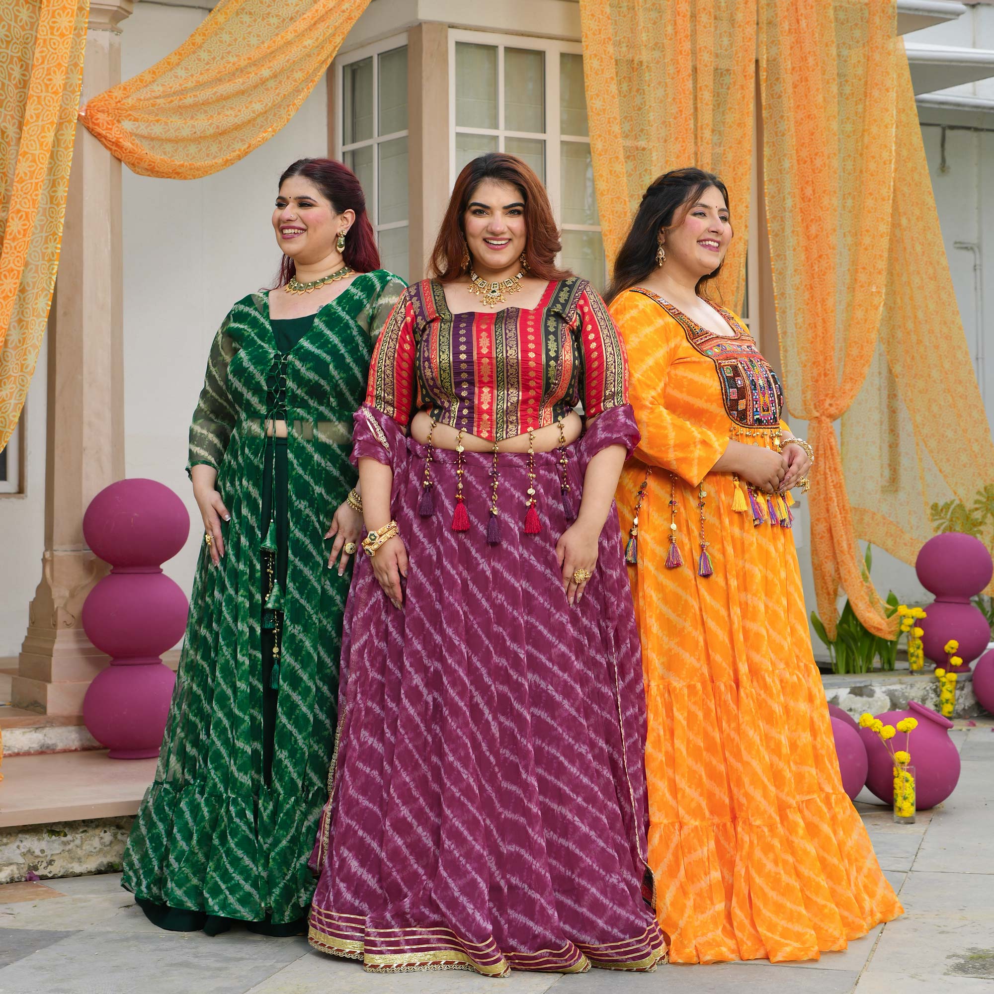 Basanti- Wine Banarasi Brocade Leheriya Chiffon Lehenga Set