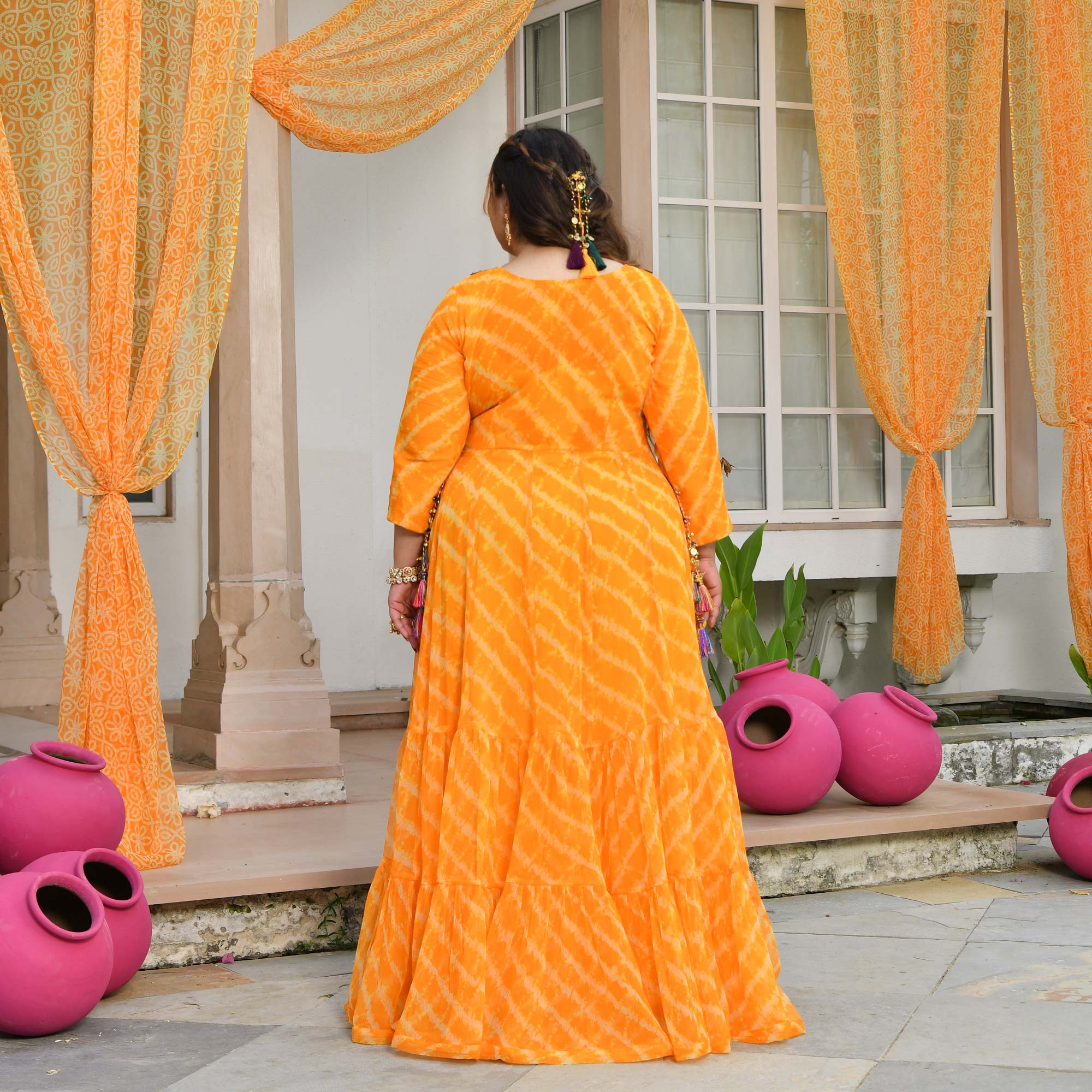 Phooljadi- Yellow Kutch Hand Embroidered Leheriya Chiffon Dress