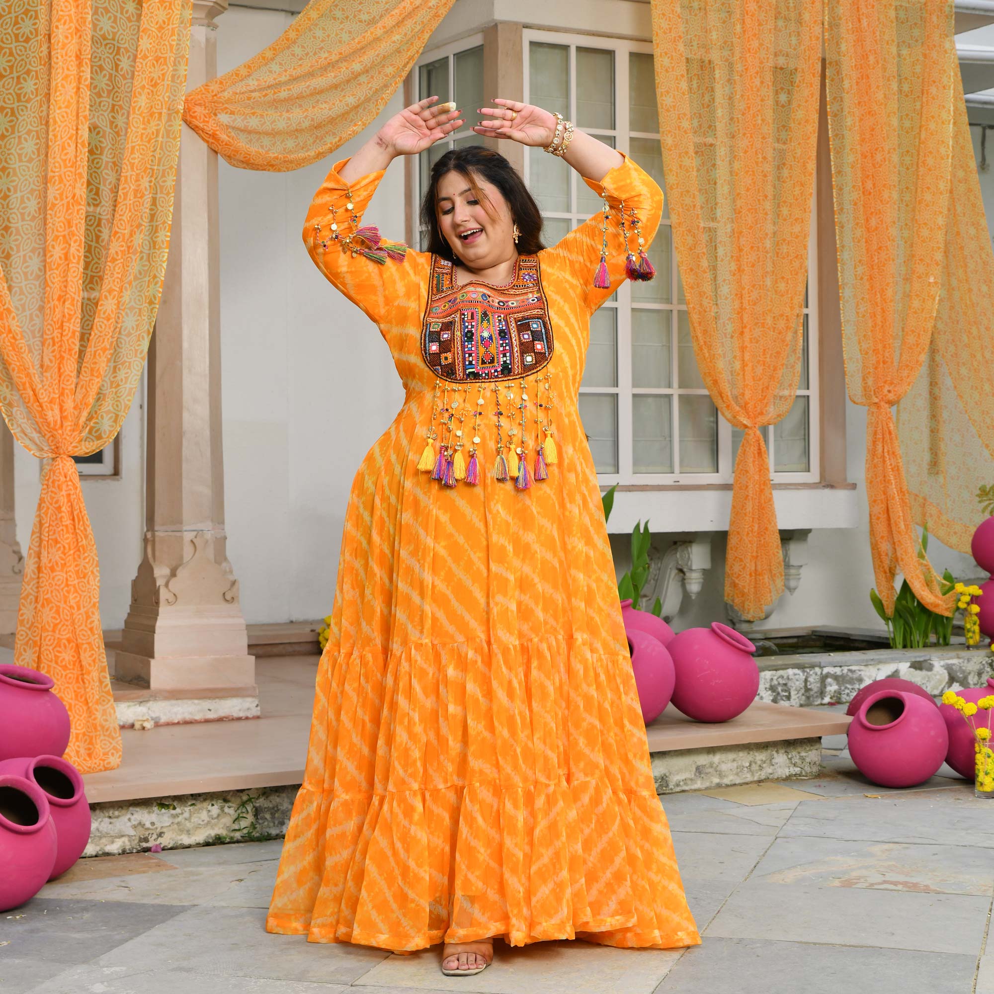 Phooljadi- Yellow Kutch Hand Embroidered Leheriya Chiffon Dress