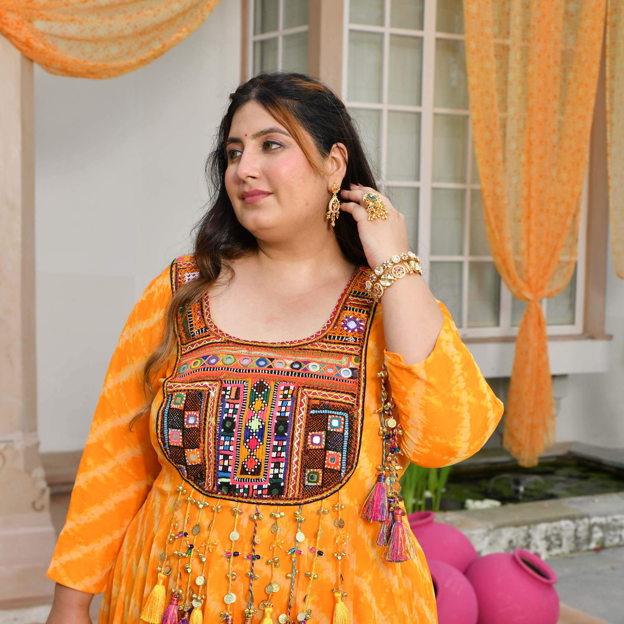 Phooljadi- Yellow Kutch Hand Embroidered Leheriya Chiffon Dress