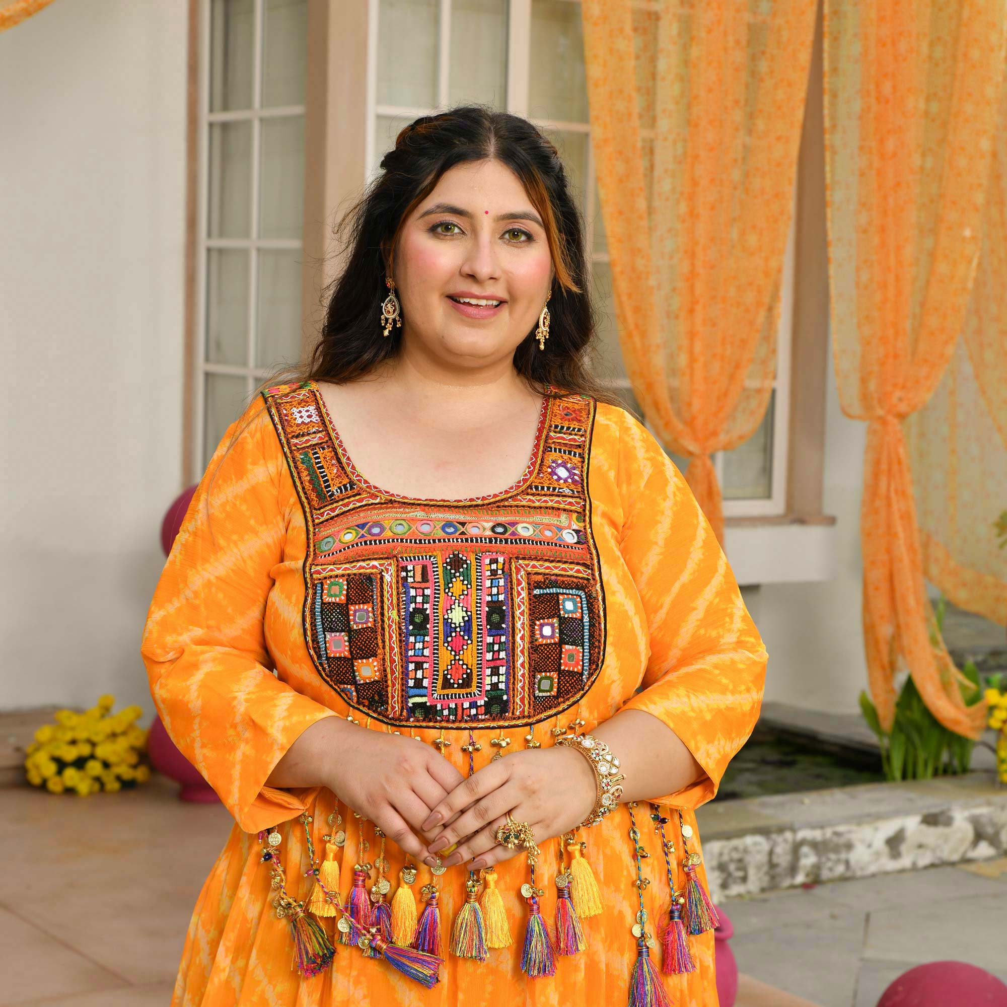 Phooljadi- Yellow Kutch Hand Embroidered Leheriya Chiffon Dress