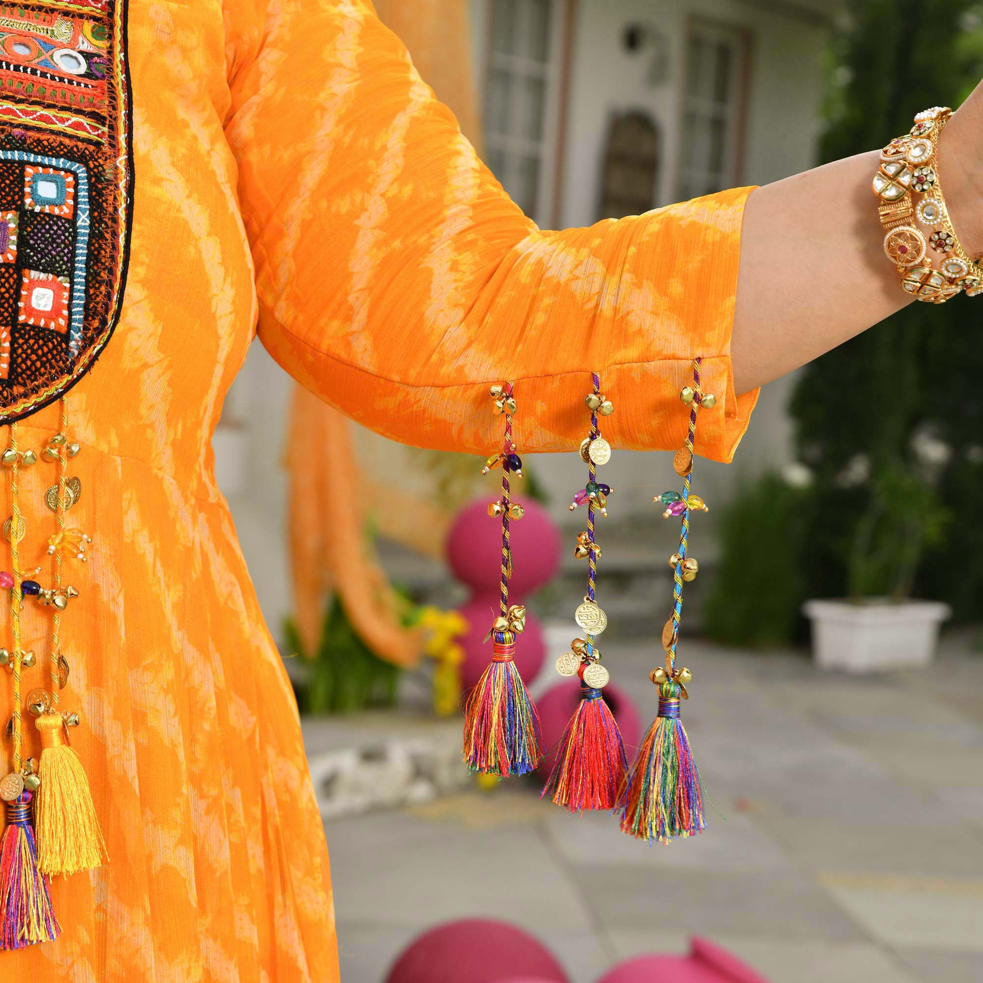 Phooljadi- Yellow Kutch Hand Embroidered Leheriya Chiffon Dress