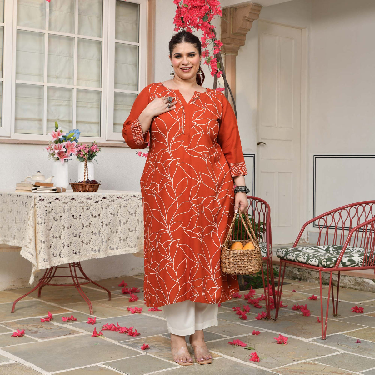 Sarah- Orange Floral Embroidered Rayon Cotton Kurta