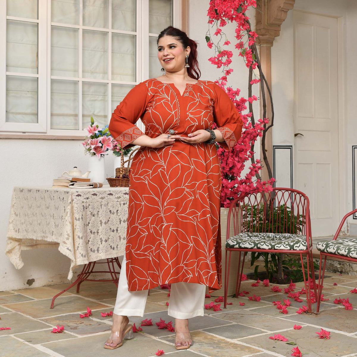Sarah- Orange Floral Embroidered Rayon Cotton Kurta