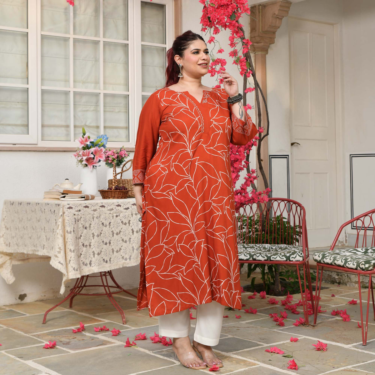Sarah- Orange Floral Embroidered Rayon Cotton Kurta