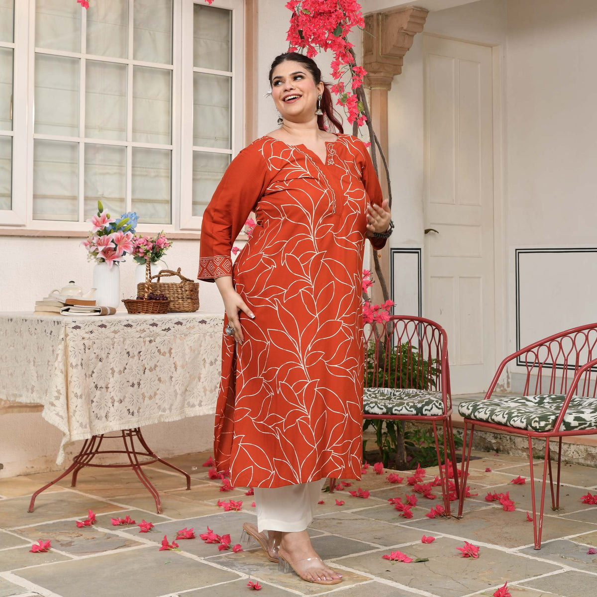 Sarah- Orange Floral Embroidered Rayon Cotton Kurta