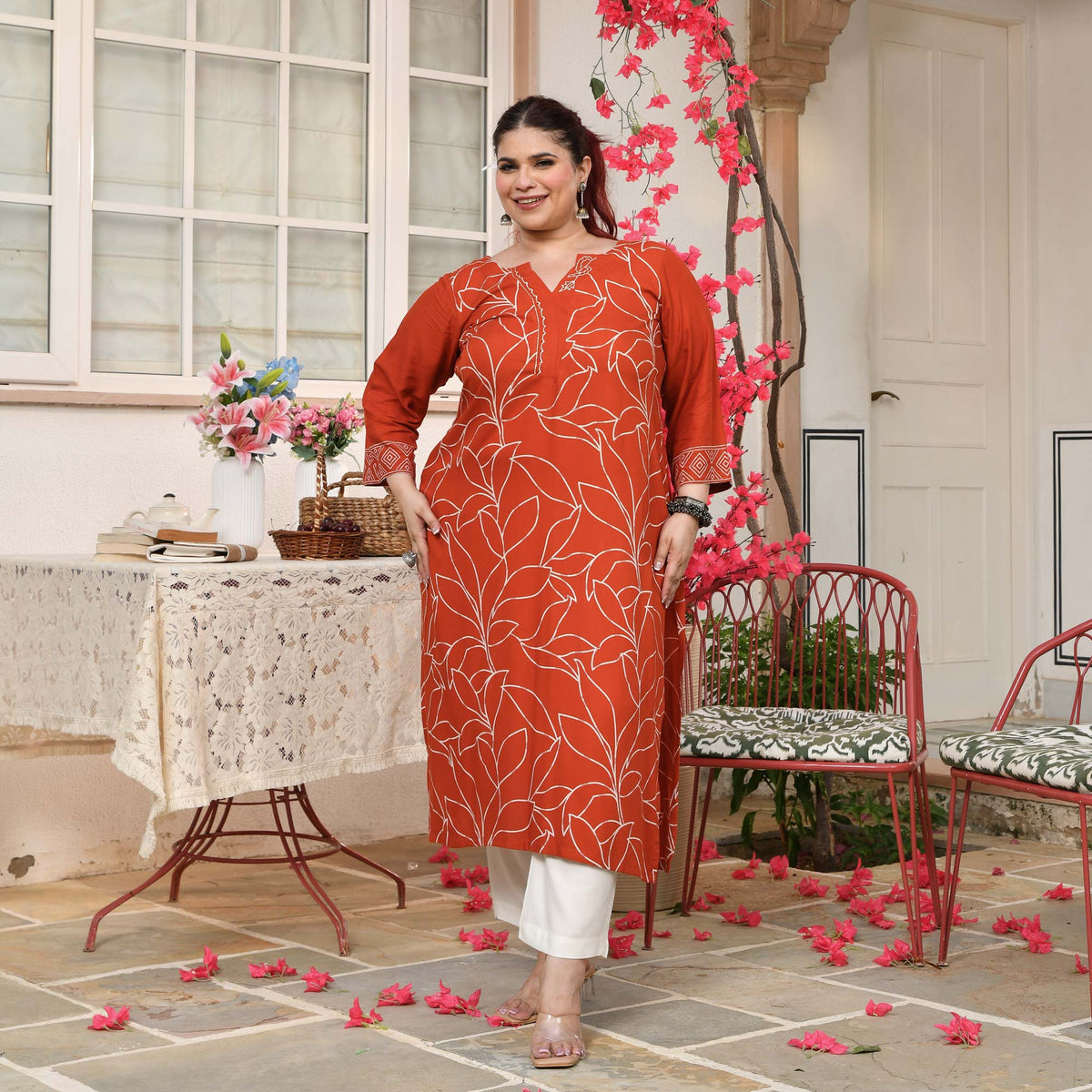 Sarah- Orange Floral Embroidered Rayon Cotton Kurta