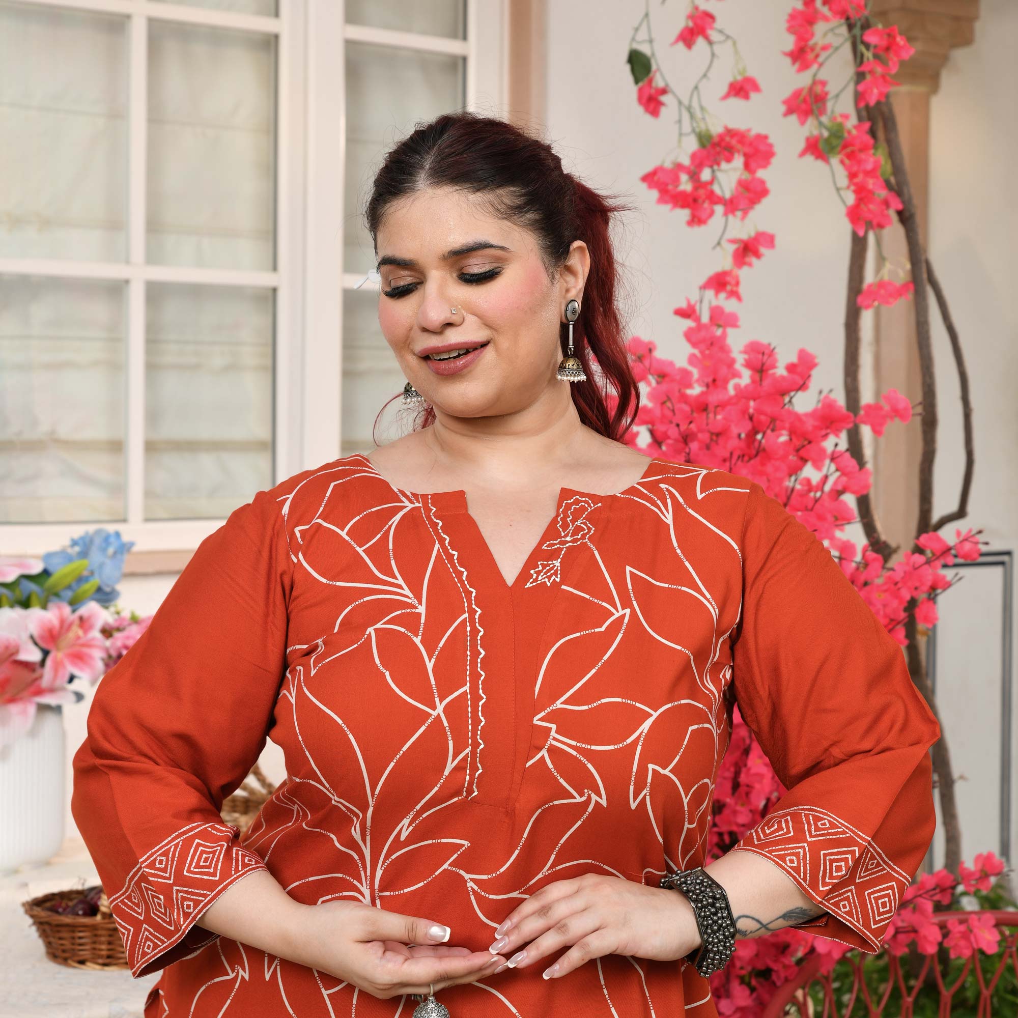 Sarah- Orange Floral Embroidered Rayon Cotton Kurta