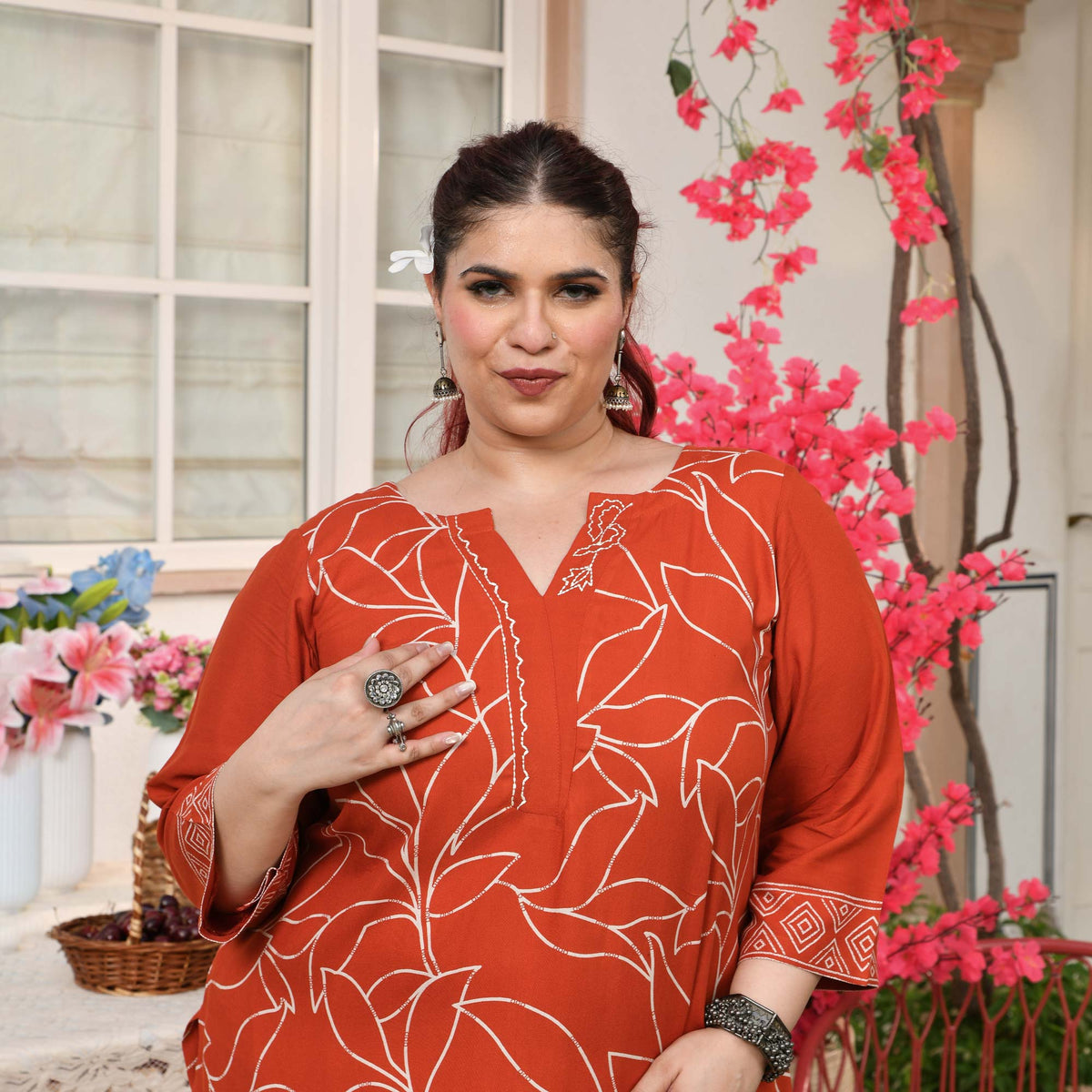 Sarah- Orange Floral Embroidered Rayon Cotton Kurta