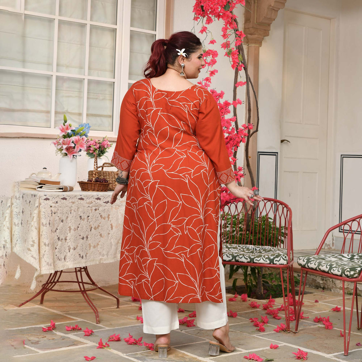 Sarah- Orange Floral Embroidered Rayon Cotton Kurta