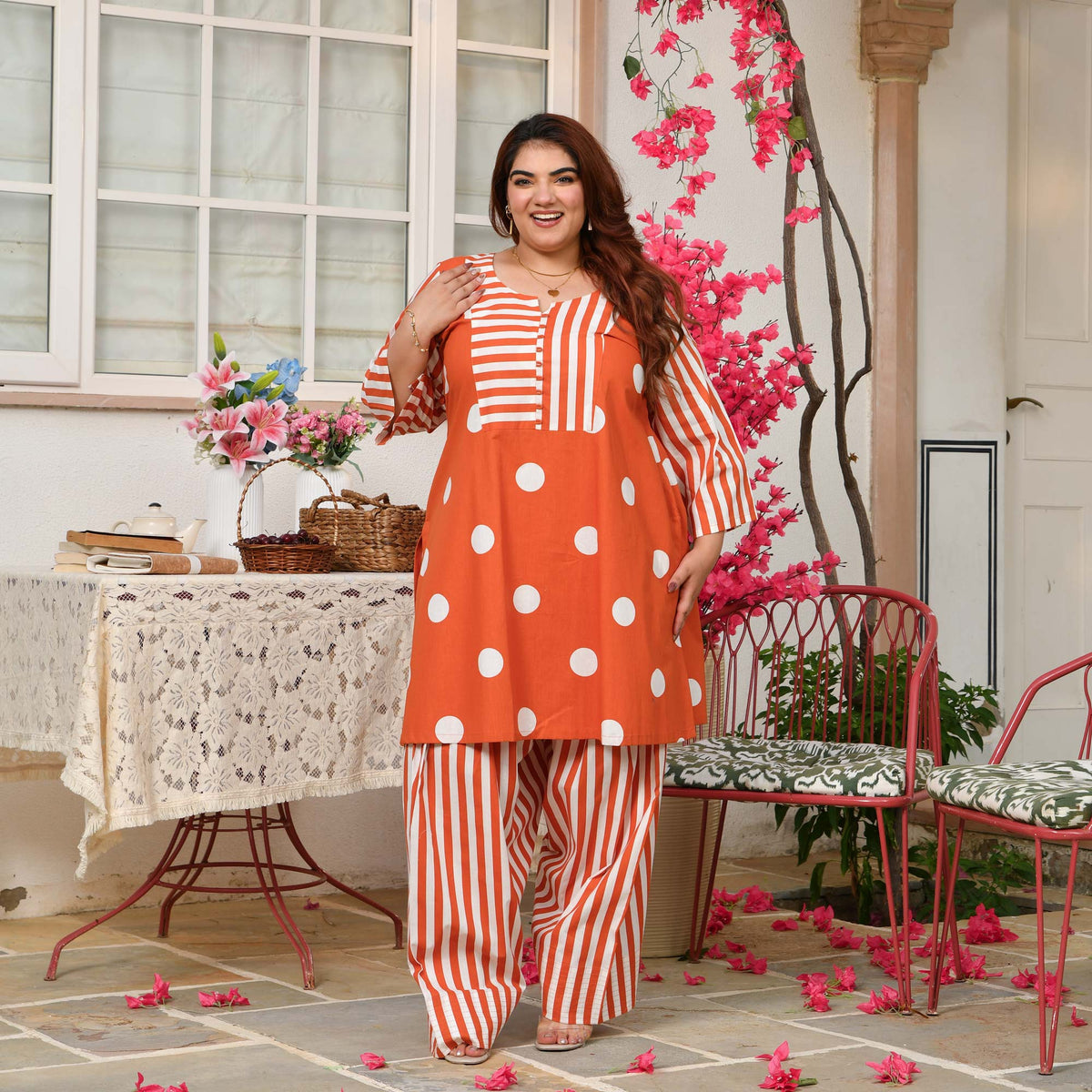 Nora- Tangerine Orange Striped Polka Farshi Set