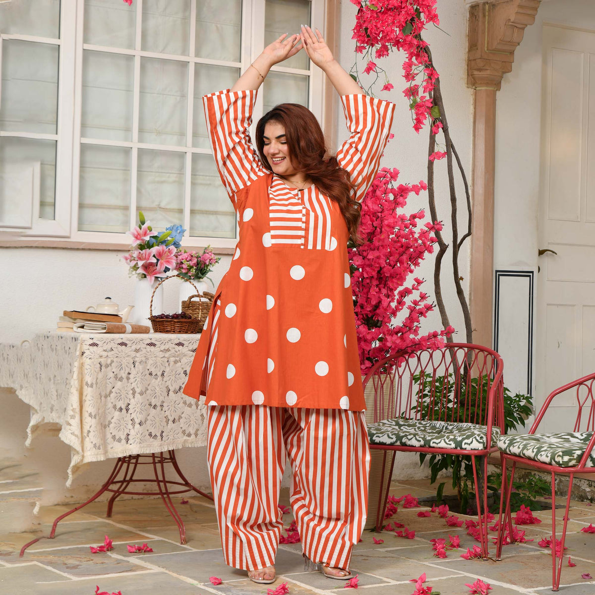 Nora- Tangerine Orange Striped Polka Farshi Set
