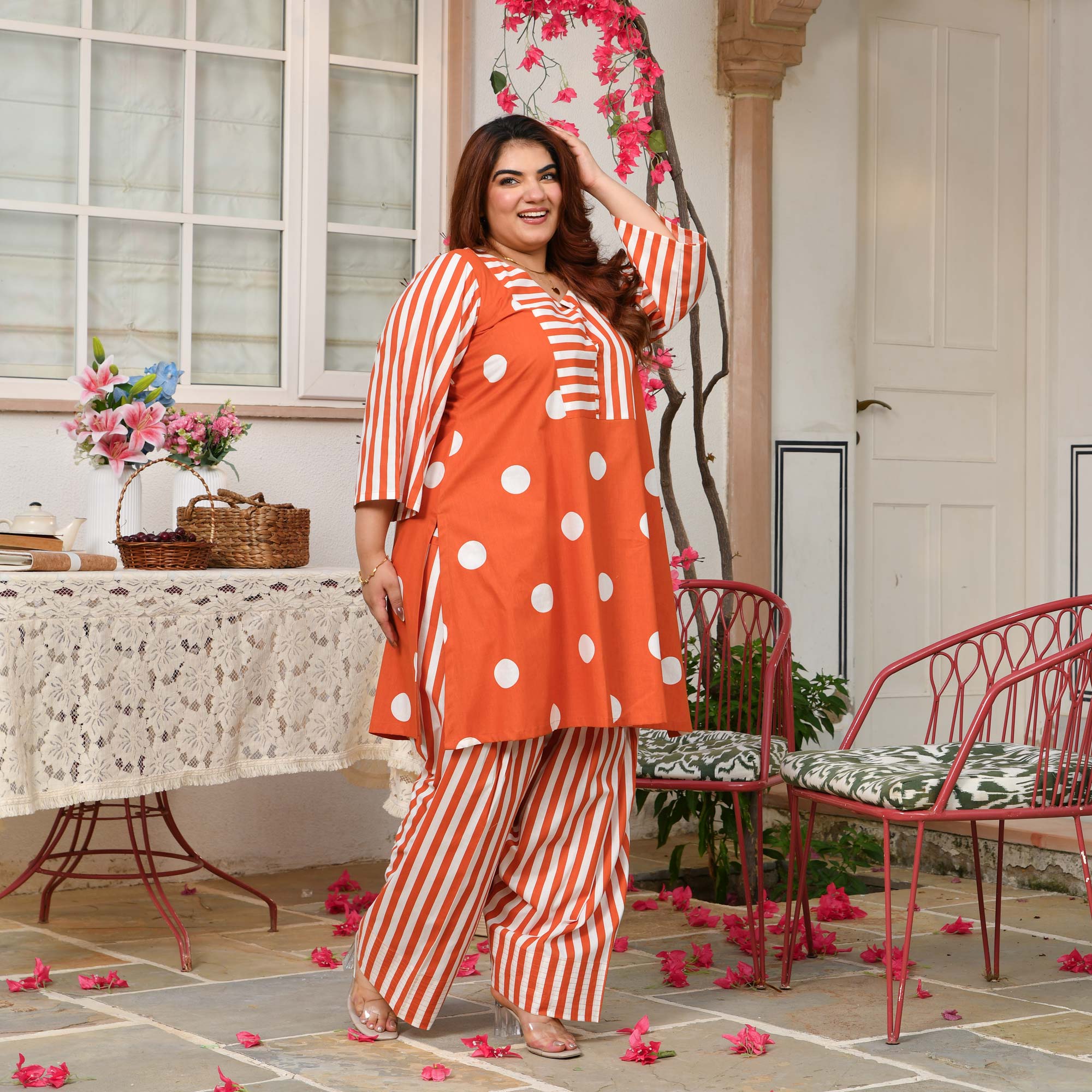 Nora- Tangerine Orange Striped Polka Farshi Set