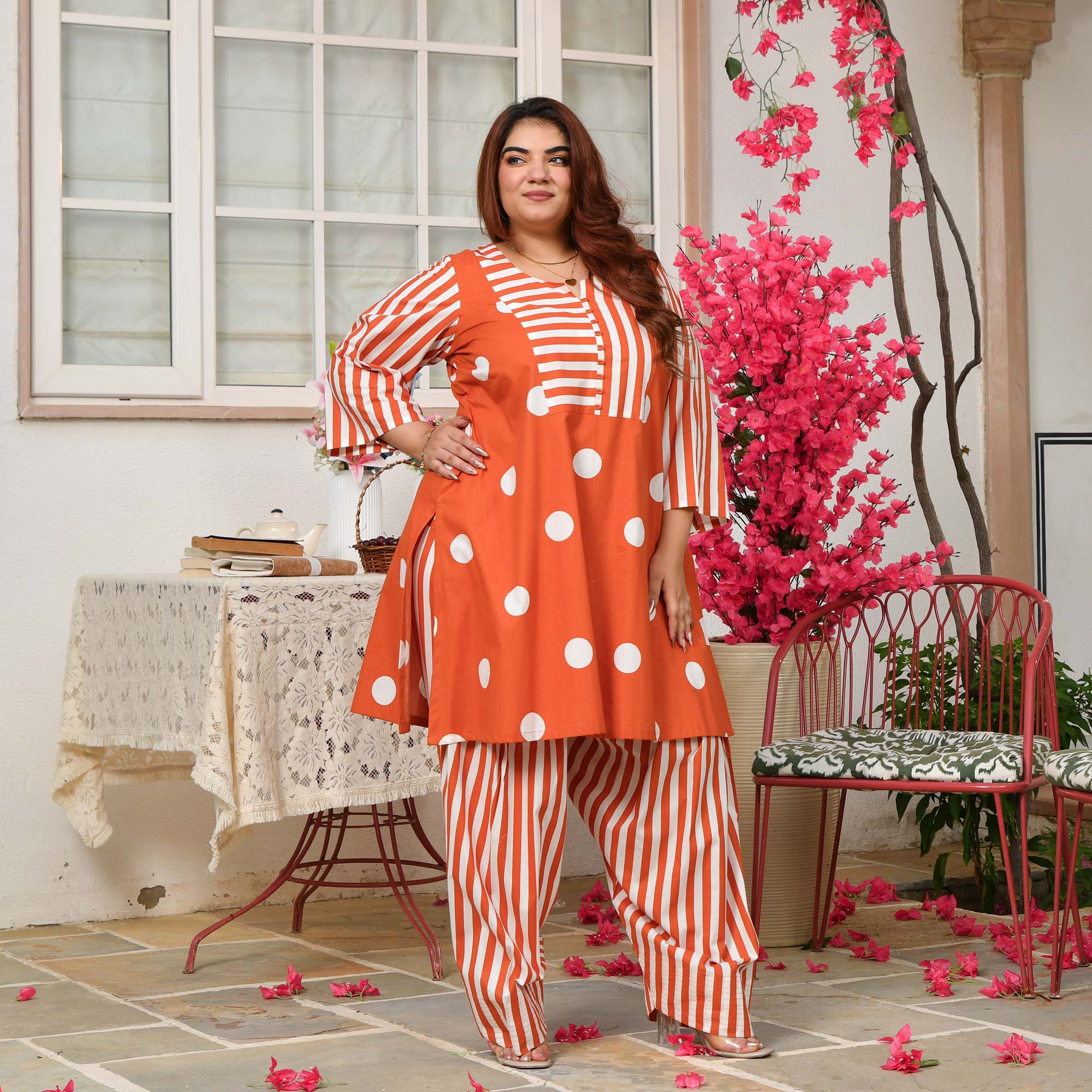 Nora- Tangerine Orange Striped Polka Farshi Set