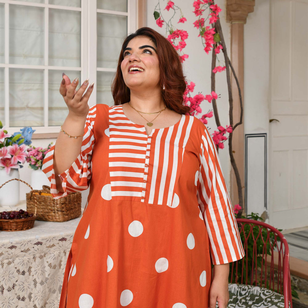 Nora- Tangerine Orange Striped Polka Farshi Set
