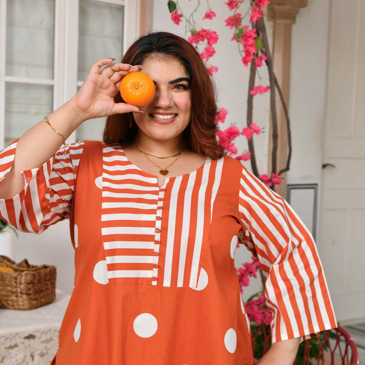 Nora- Tangerine Orange Striped Polka Farshi Set