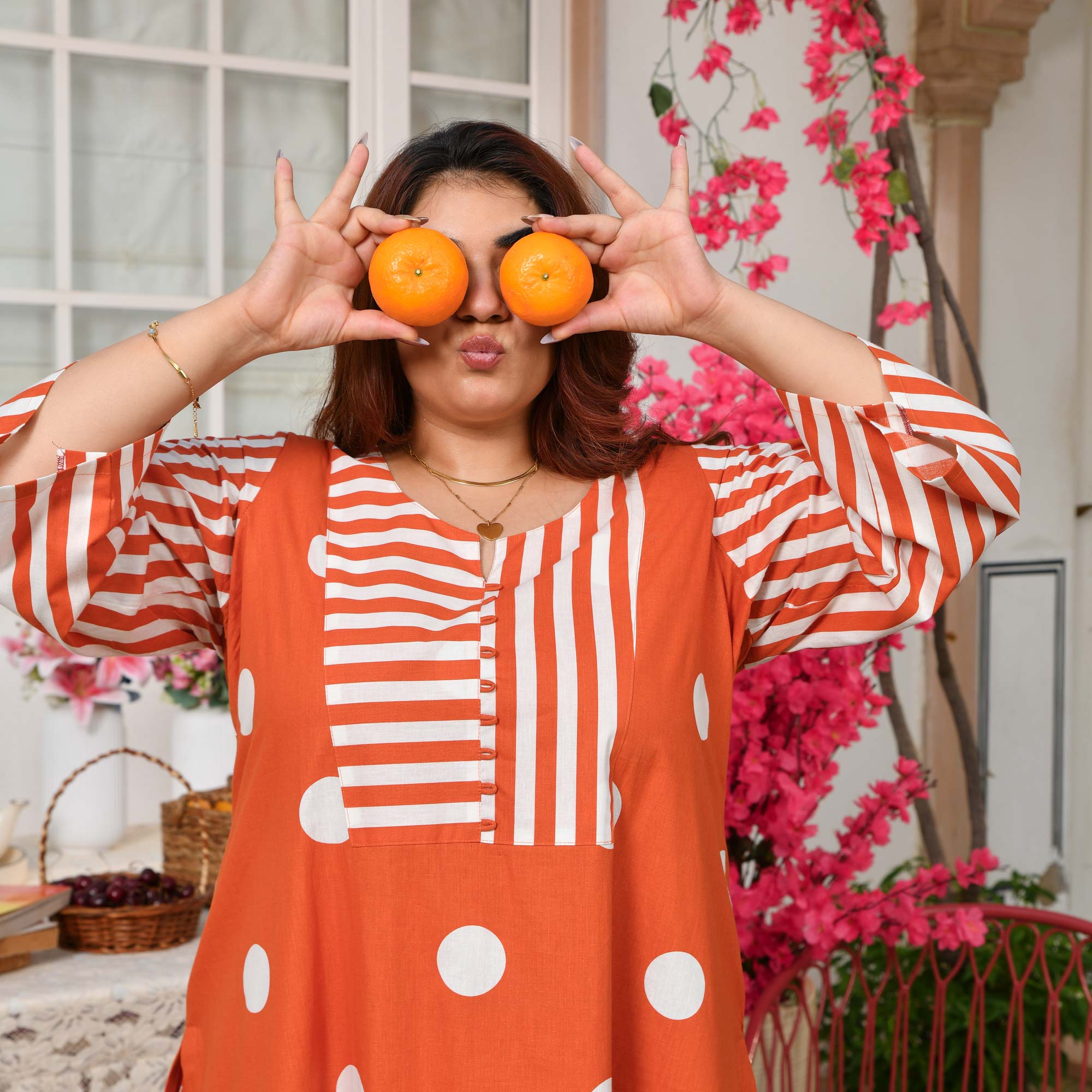 Nora- Tangerine Orange Striped Polka Farshi Set
