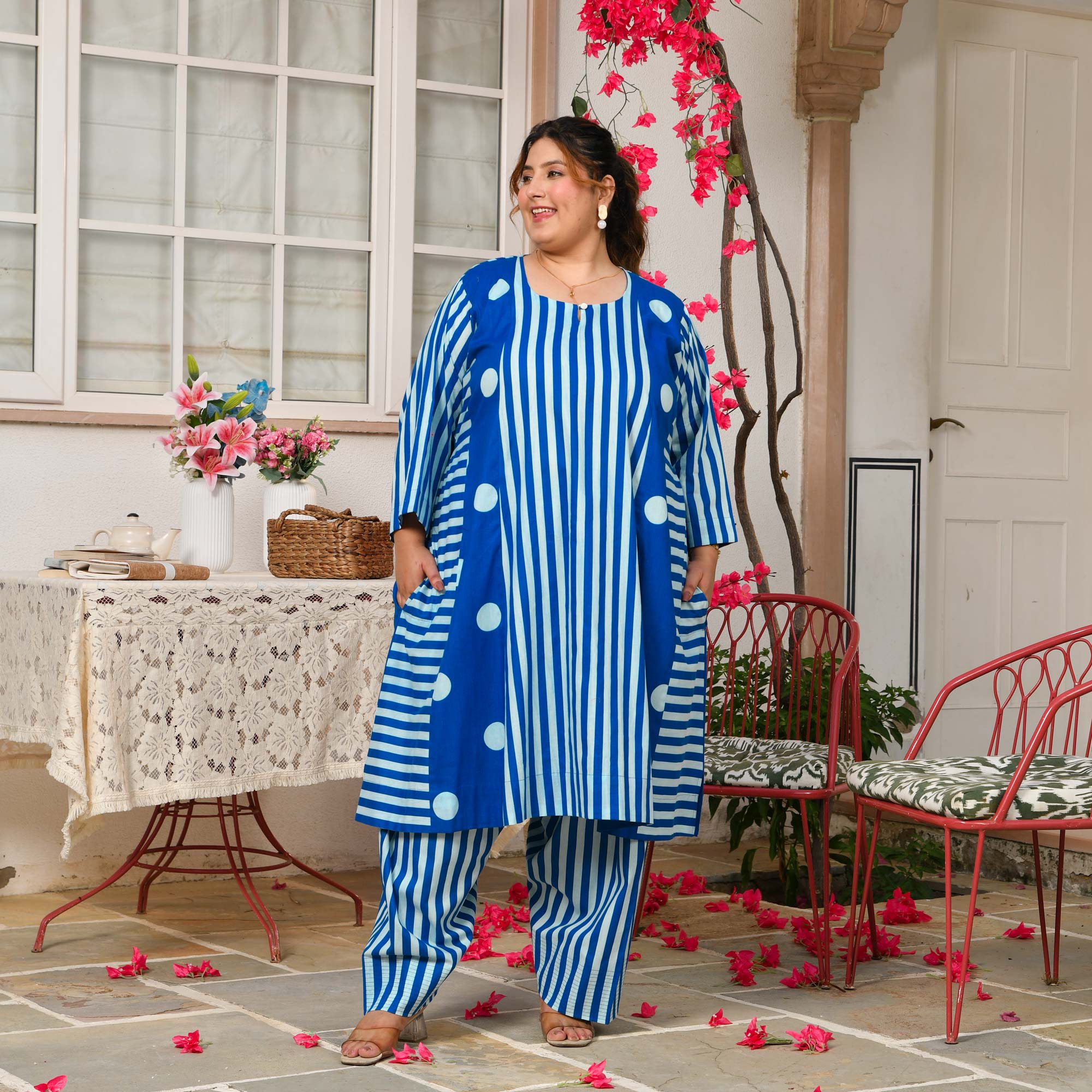 Mia- Electric Blue Striped Polka Aline Farshi Set