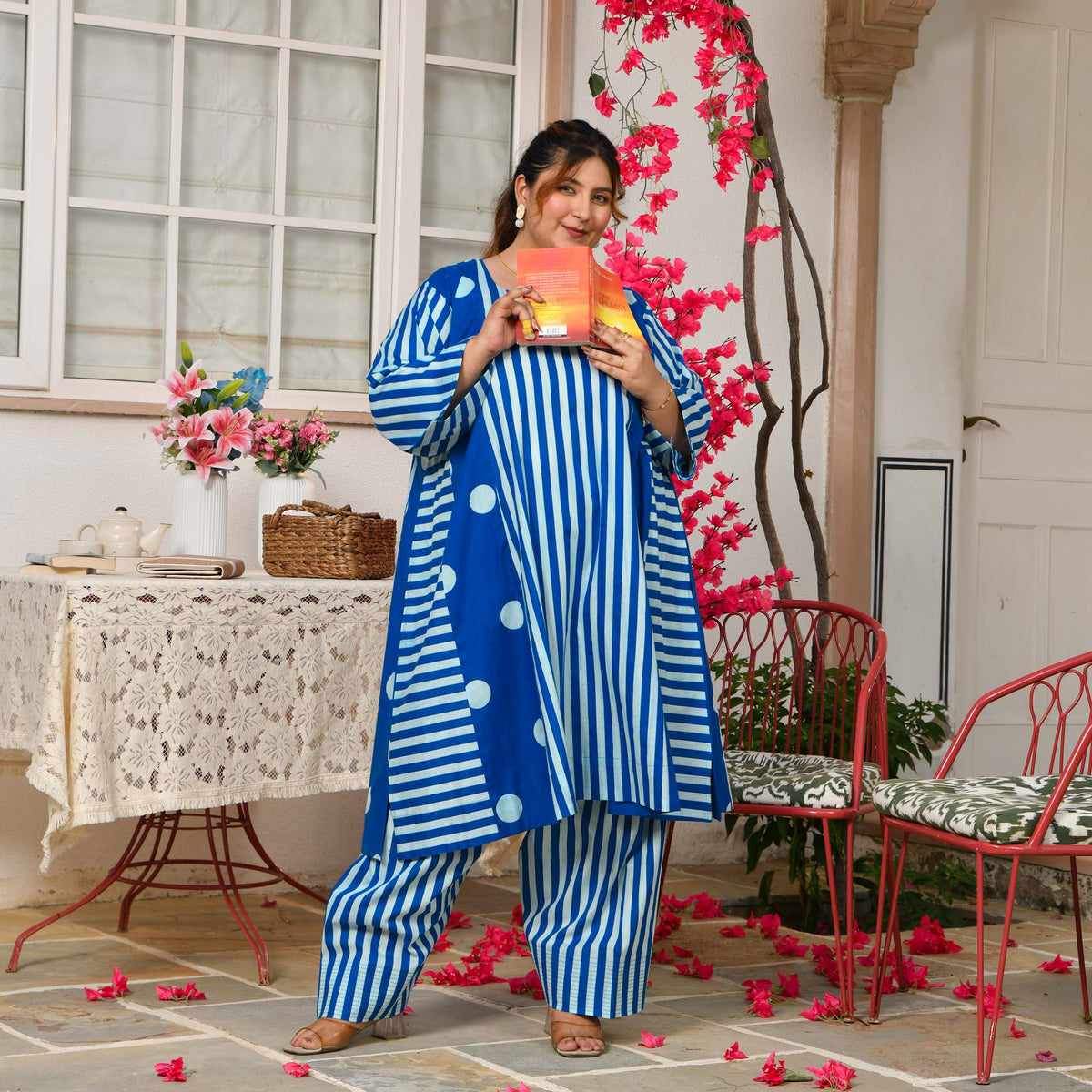 Mia- Electric Blue Striped Polka Aline Farshi Set