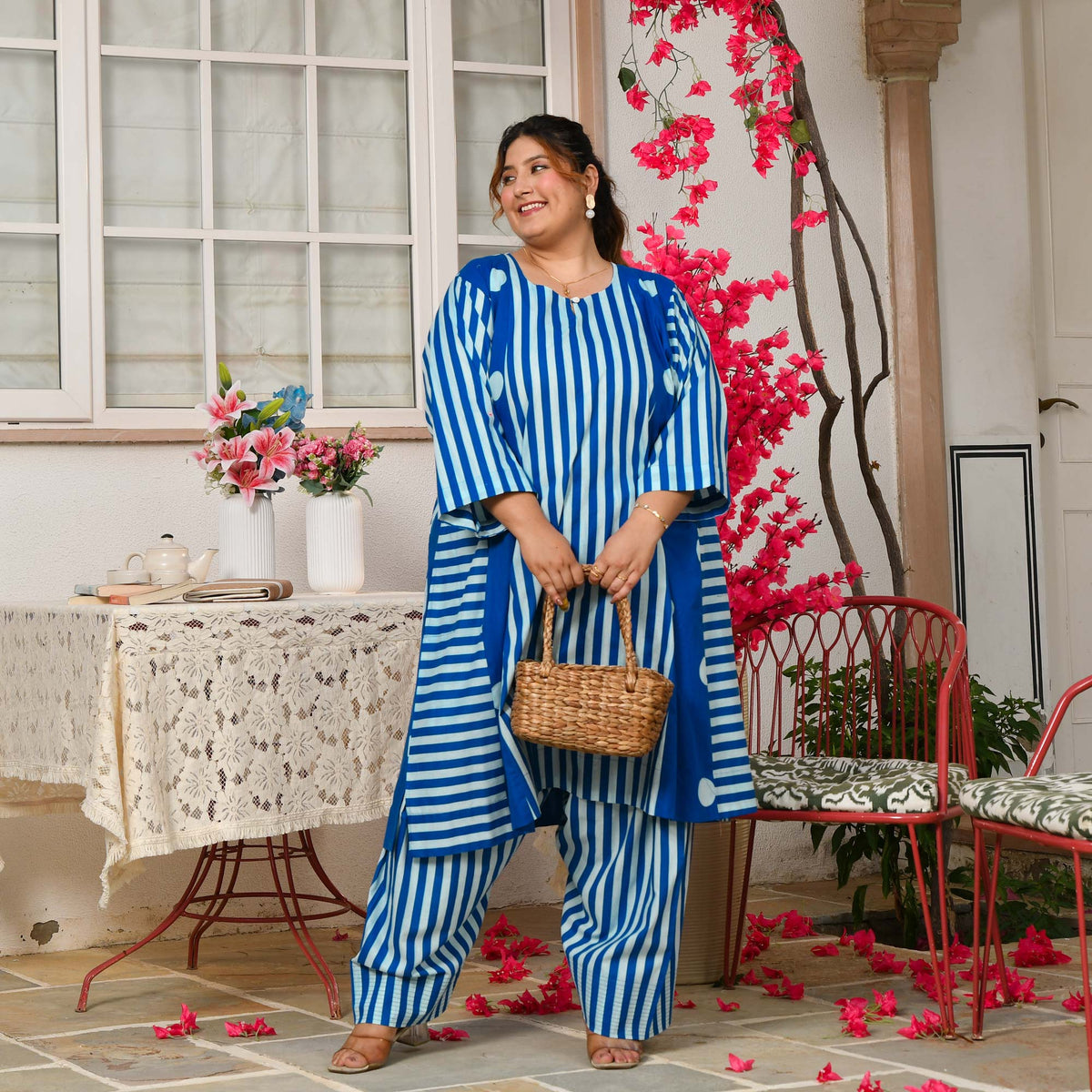Mia- Electric Blue Striped Polka Aline Farshi Set