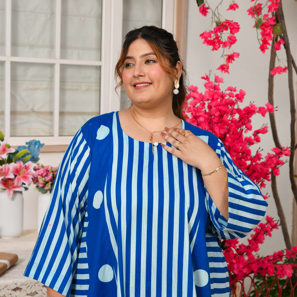Mia- Electric Blue Striped Polka Aline Farshi Set