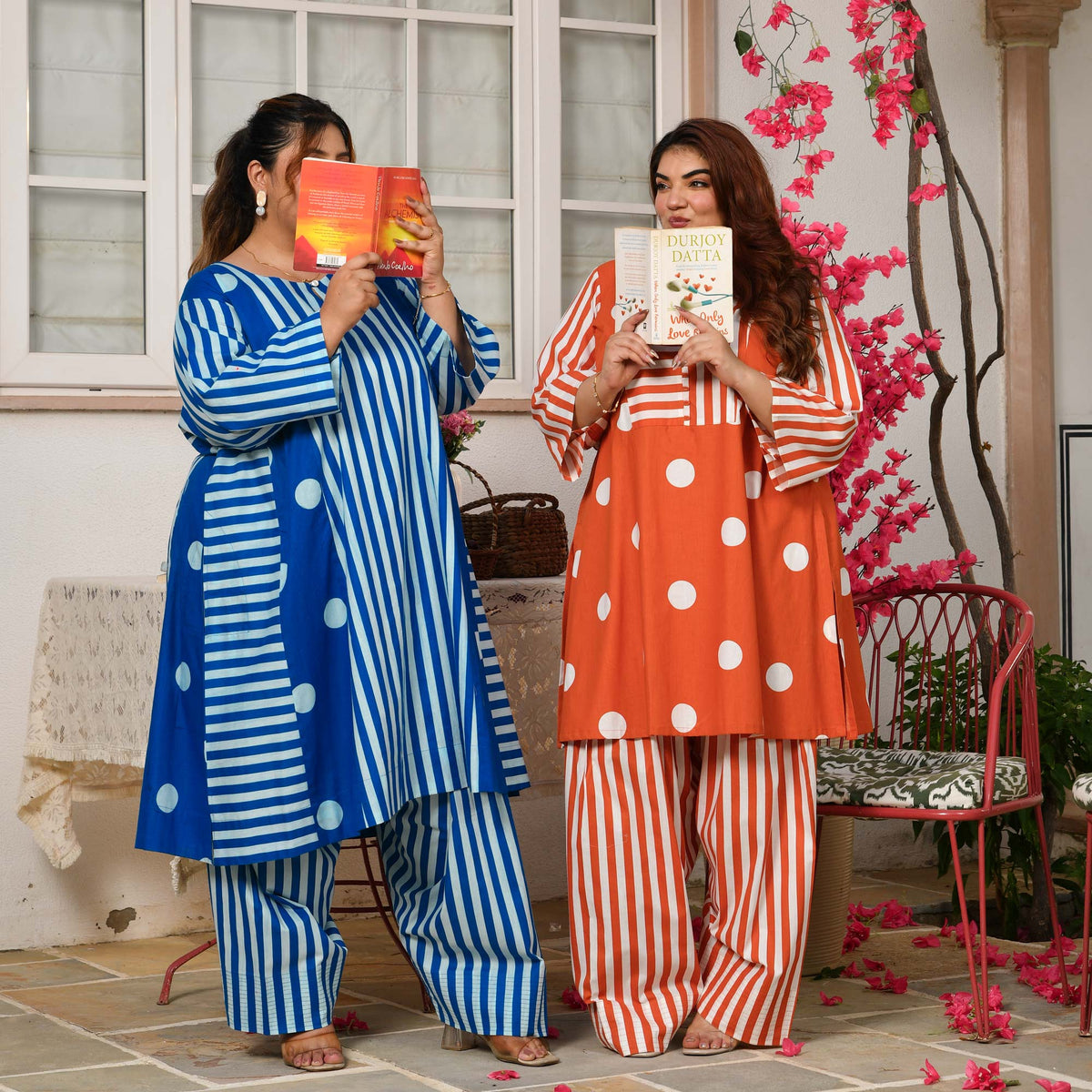 Nora- Tangerine Orange Striped Polka Farshi Set