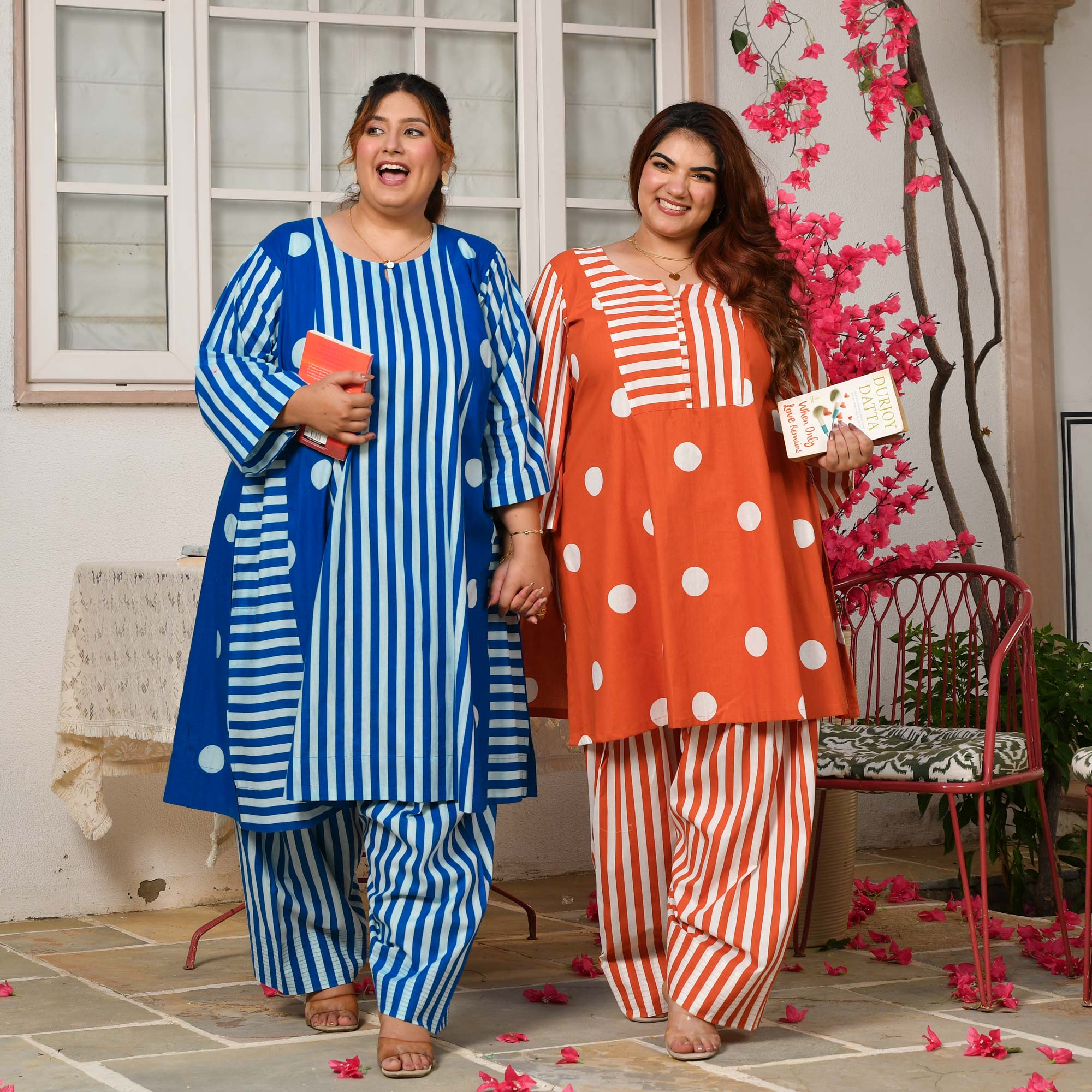 Nora- Tangerine Orange Striped Polka Farshi Set