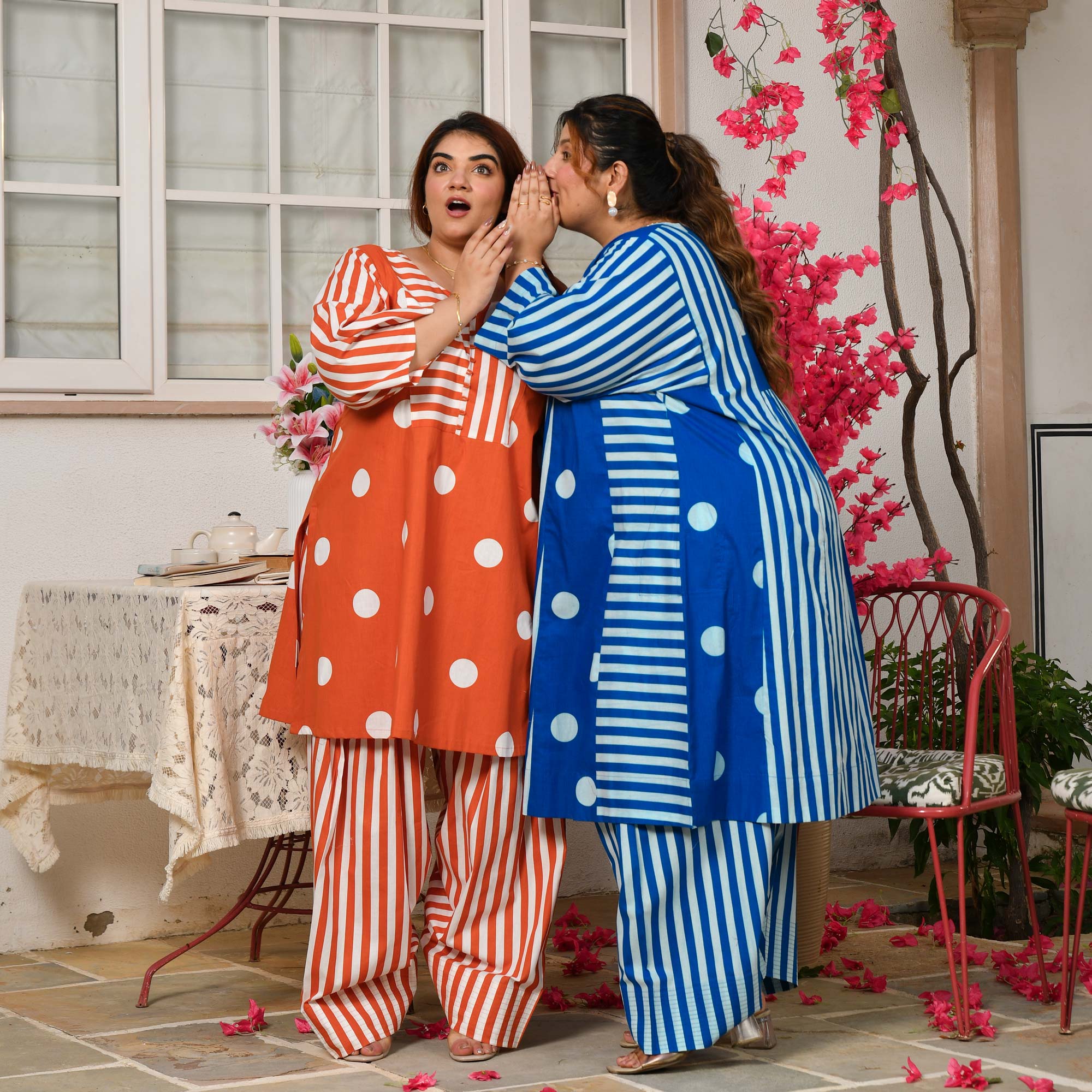 Nora- Tangerine Orange Striped Polka Farshi Set