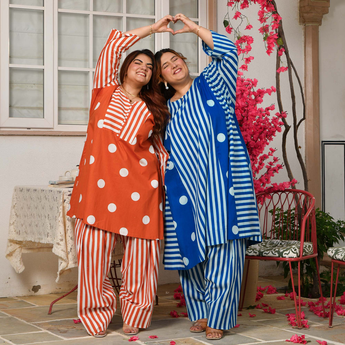 Nora- Tangerine Orange Striped Polka Farshi Set