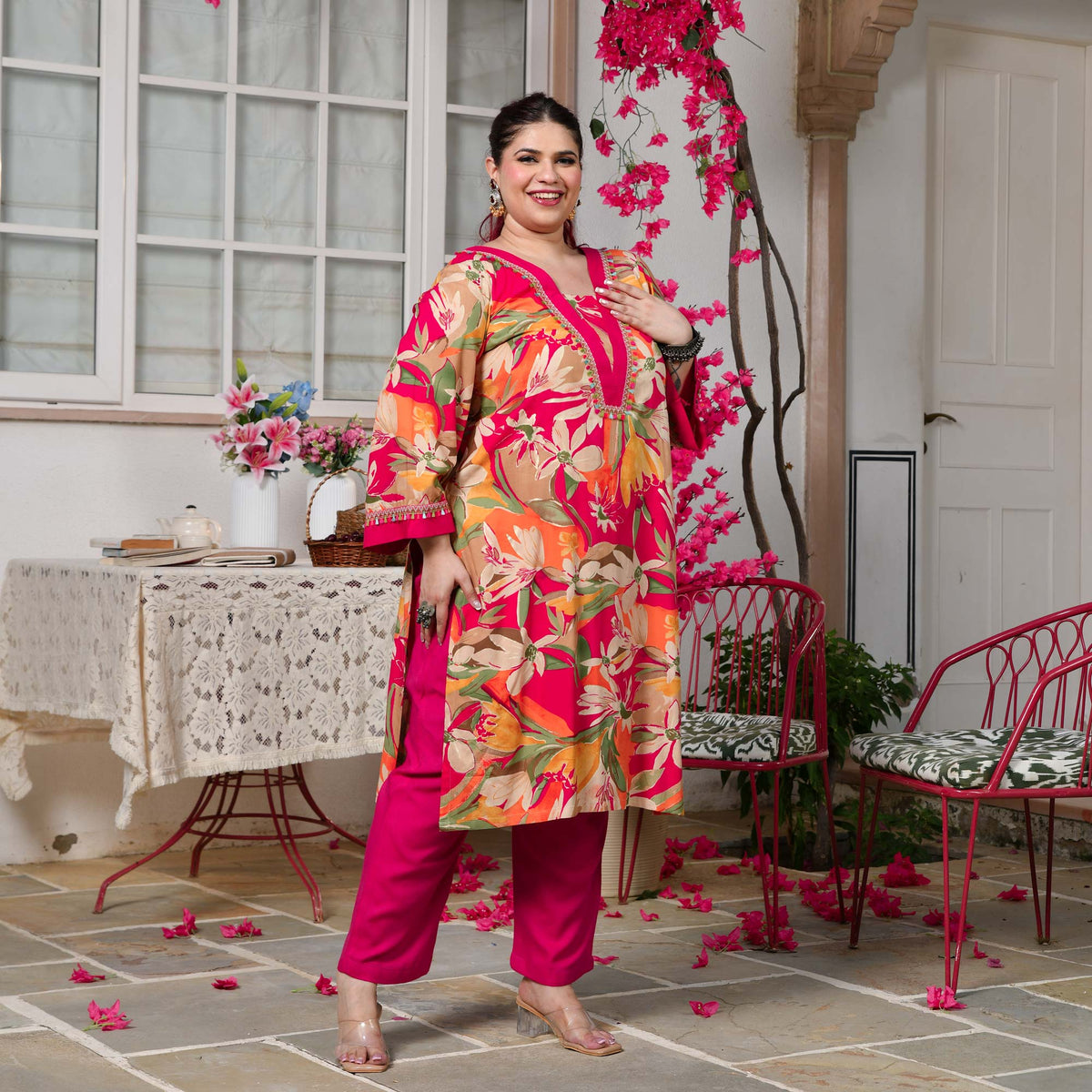 Rachel- Rani Pink Gardenia Floral Rayon Cotton Kurta