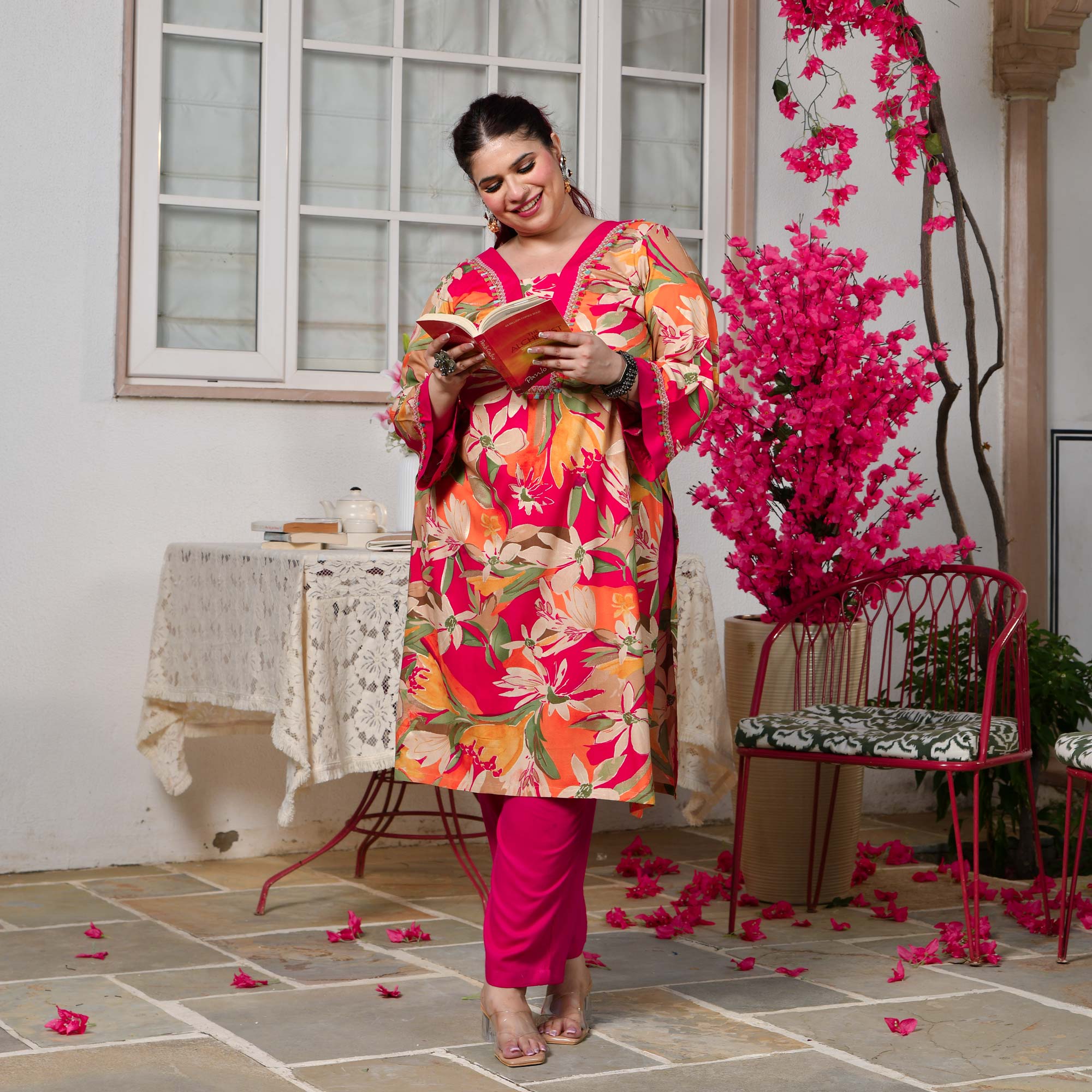 Rachel- Rani Pink Gardenia Floral Rayon Cotton Kurta