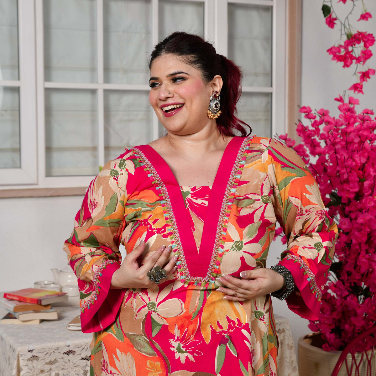 Rachel- Rani Pink Gardenia Floral Rayon Cotton Kurta