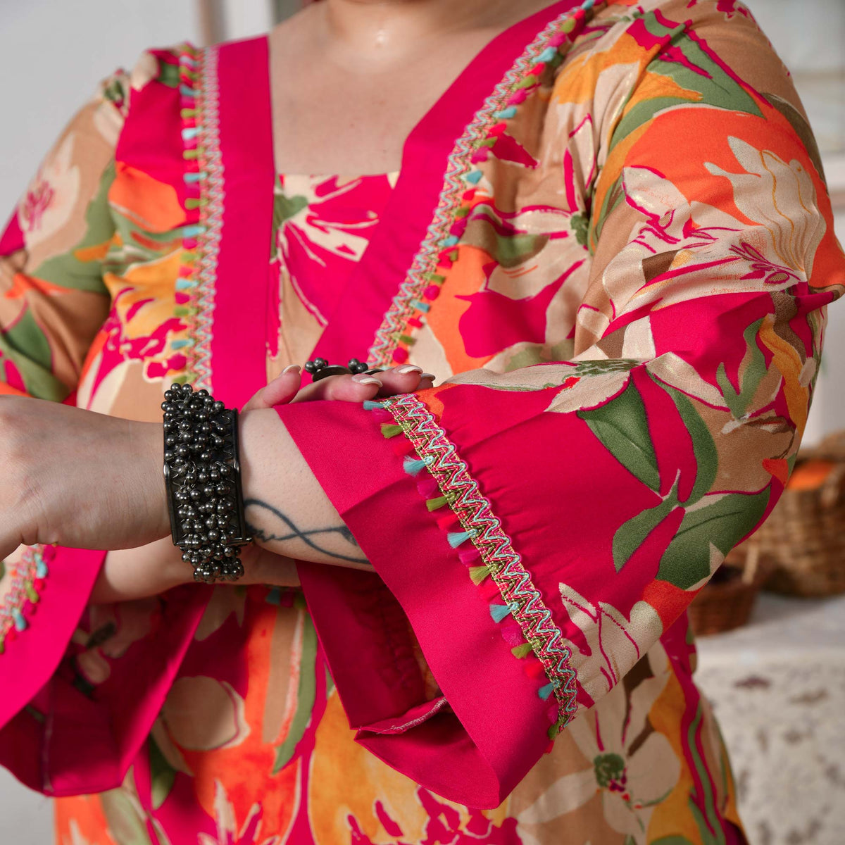 Rachel- Rani Pink Gardenia Floral Rayon Cotton Kurta