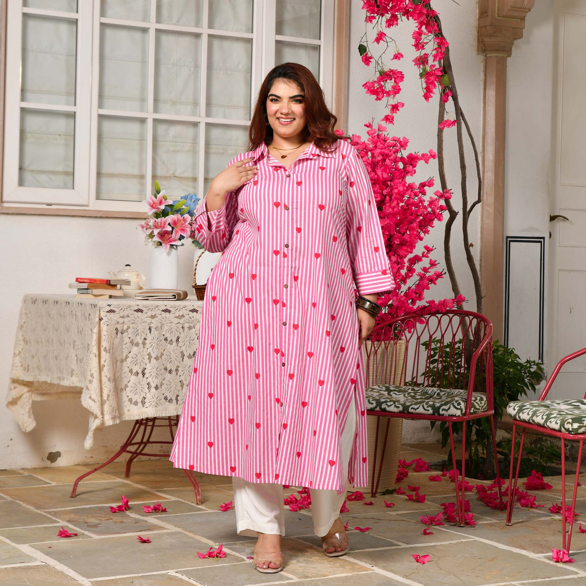 Blosoom- Strawberry Pink Love Striped Pure Cotton Aline Kurta