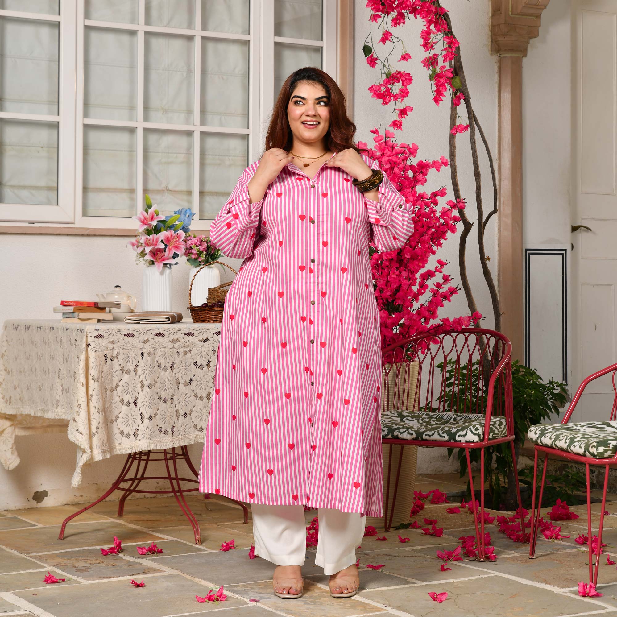 Blosoom- Strawberry Pink Love Striped Pure Cotton Aline Kurta