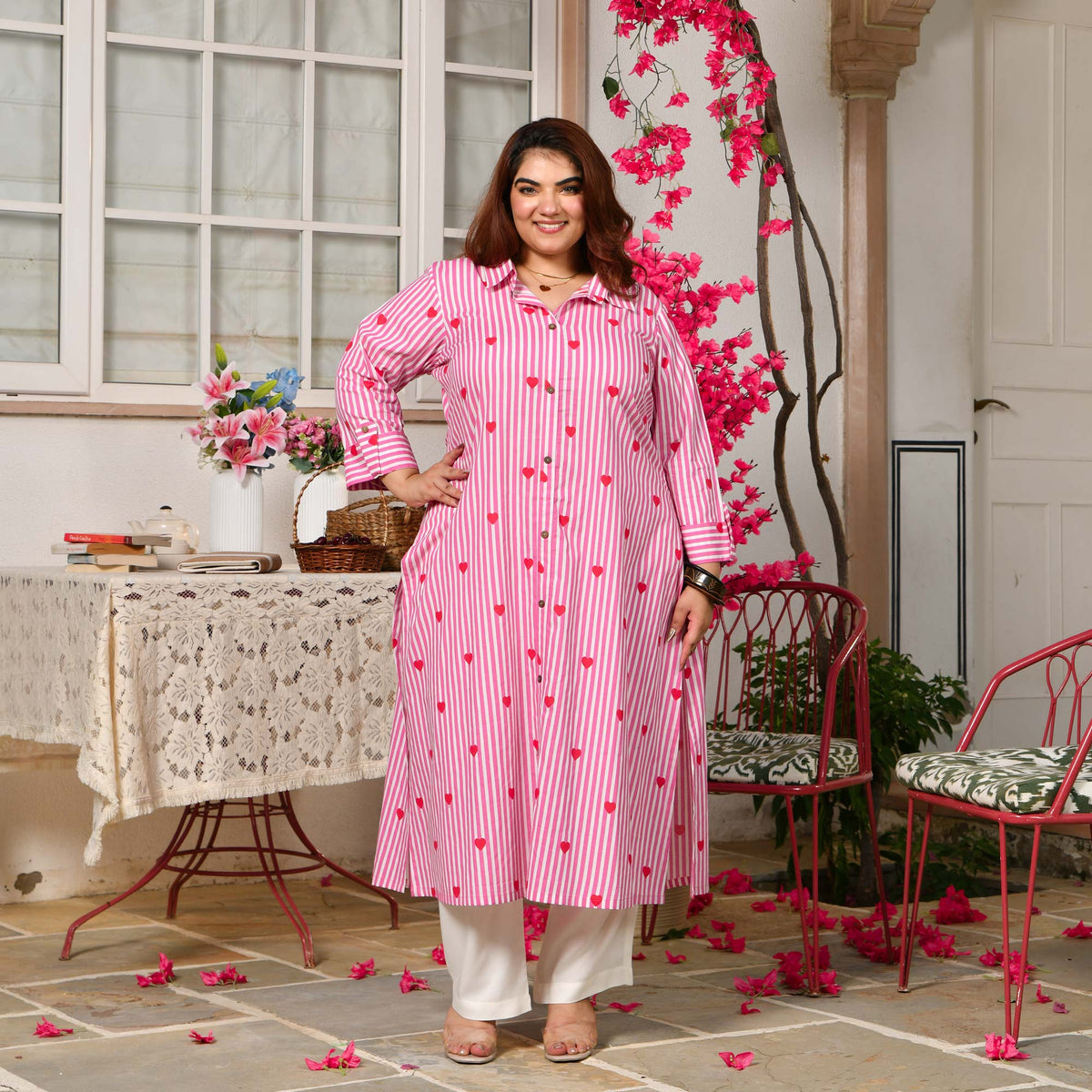 Blosoom- Strawberry Pink Love Striped Pure Cotton Aline Kurta