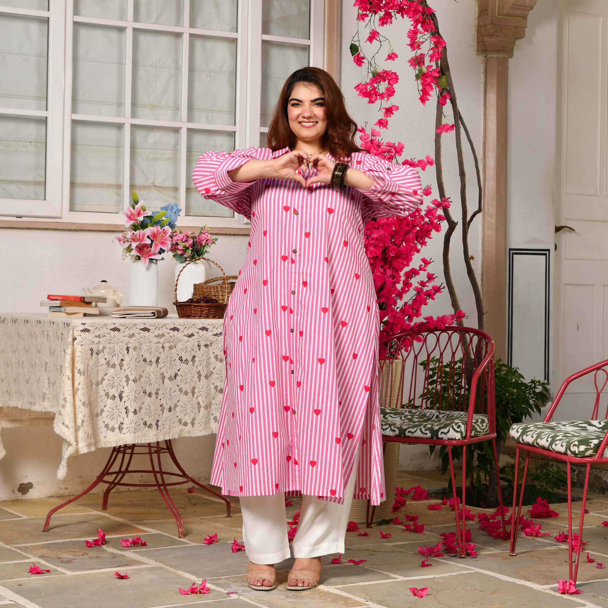 Blosoom- Strawberry Pink Love Striped Pure Cotton Aline Kurta