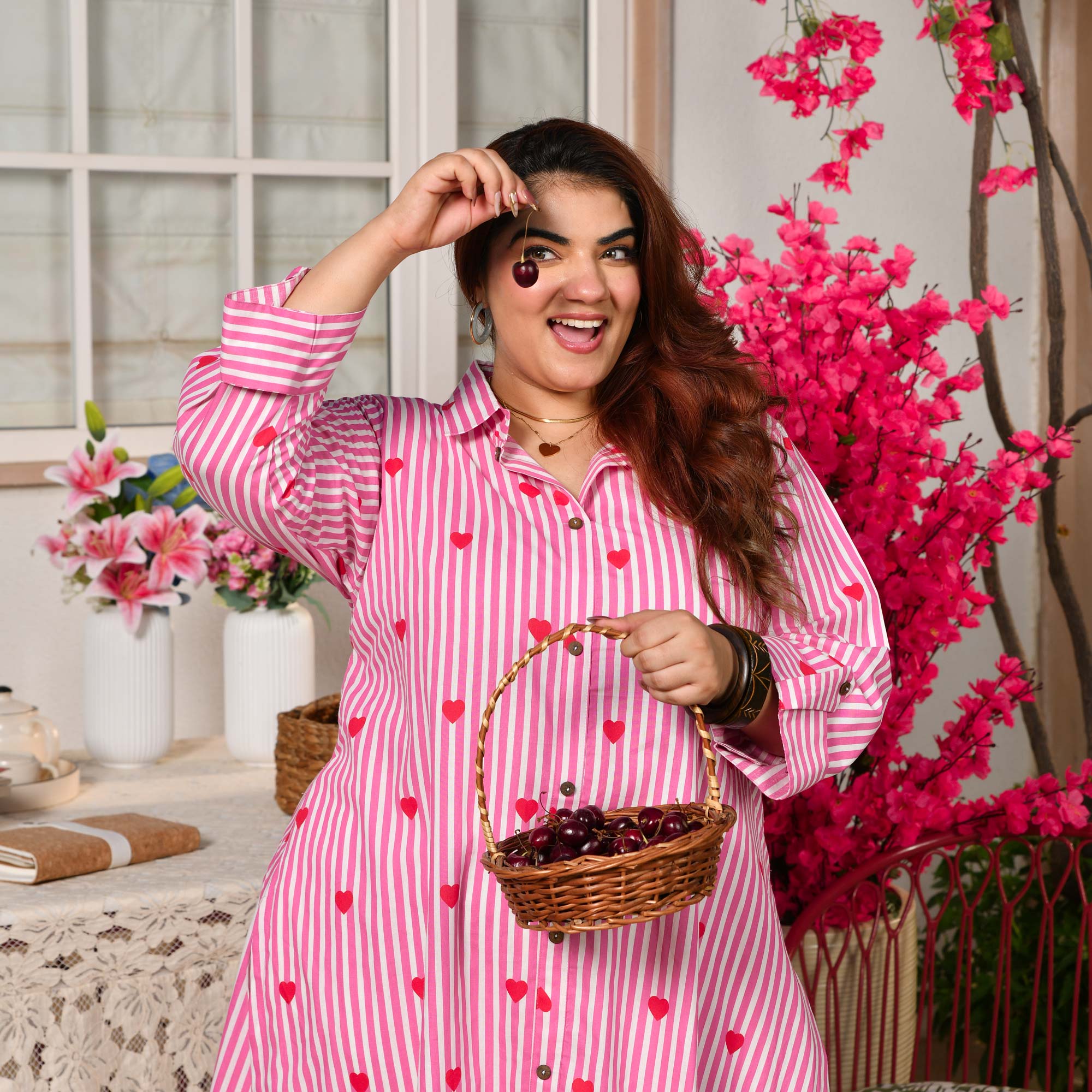 Blosoom- Strawberry Pink Love Striped Pure Cotton Aline Kurta